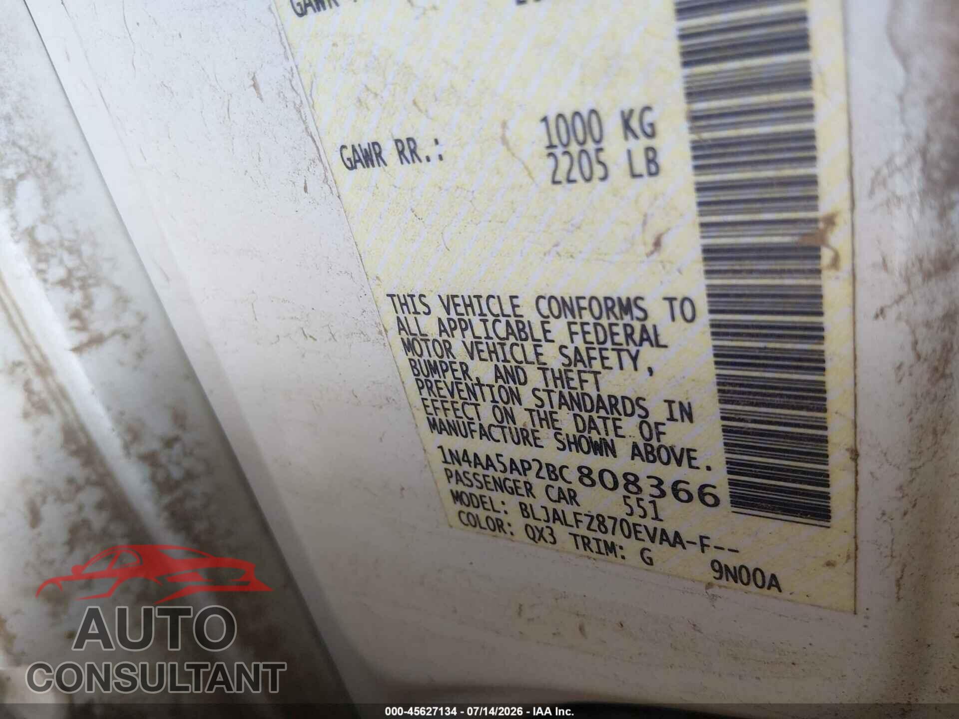 NISSAN MAXIMA 2011 - 1N4AA5AP2BC808366