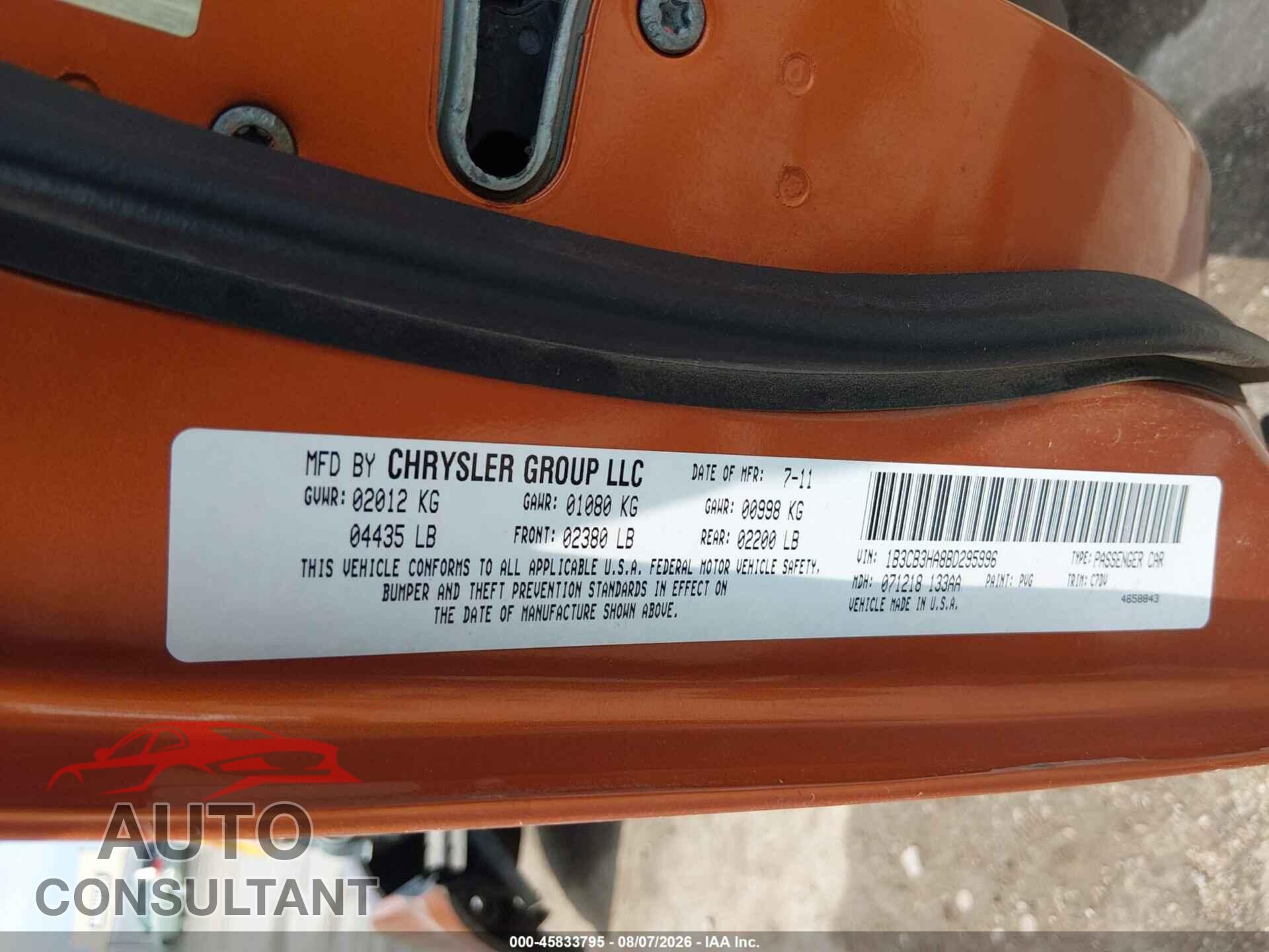 DODGE CALIBER 2011 - 1B3CB3HA8BD295996
