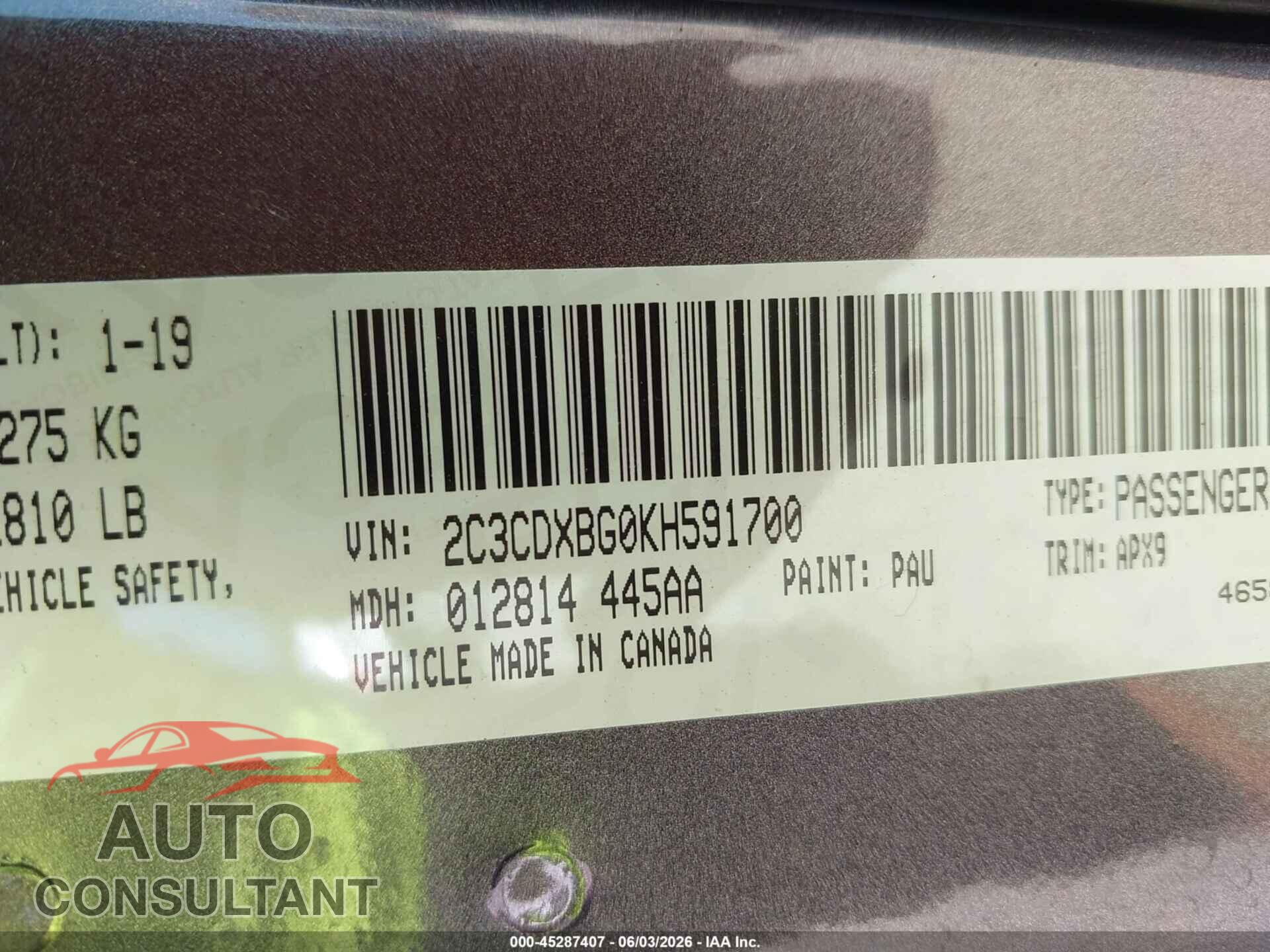 DODGE CHARGER 2019 - 2C3CDXBG0KH591700