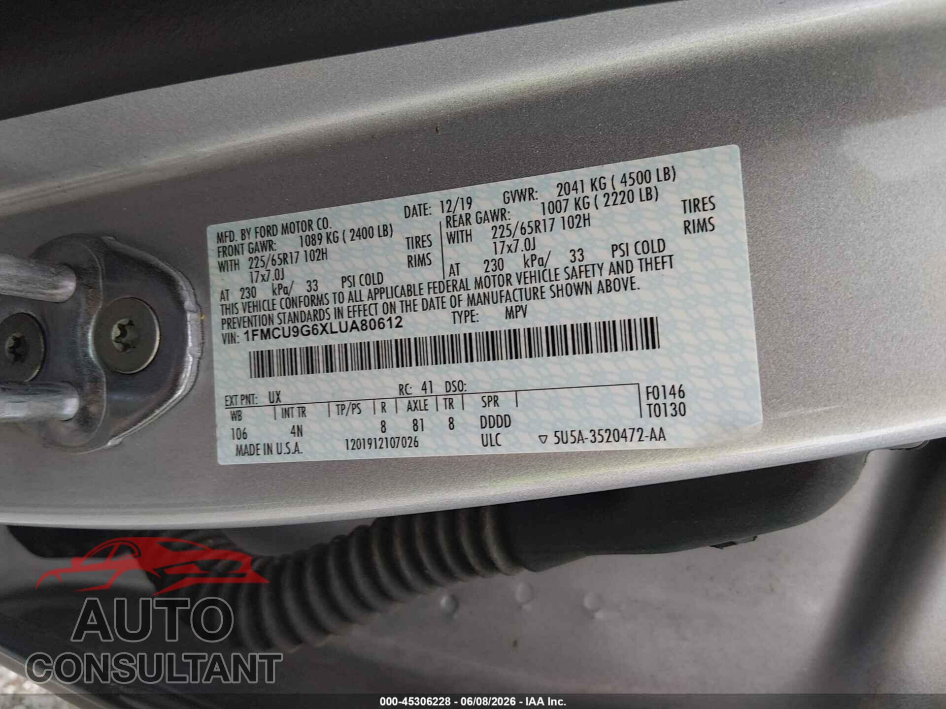 FORD ESCAPE 2020 - 1FMCU9G6XLUA80612