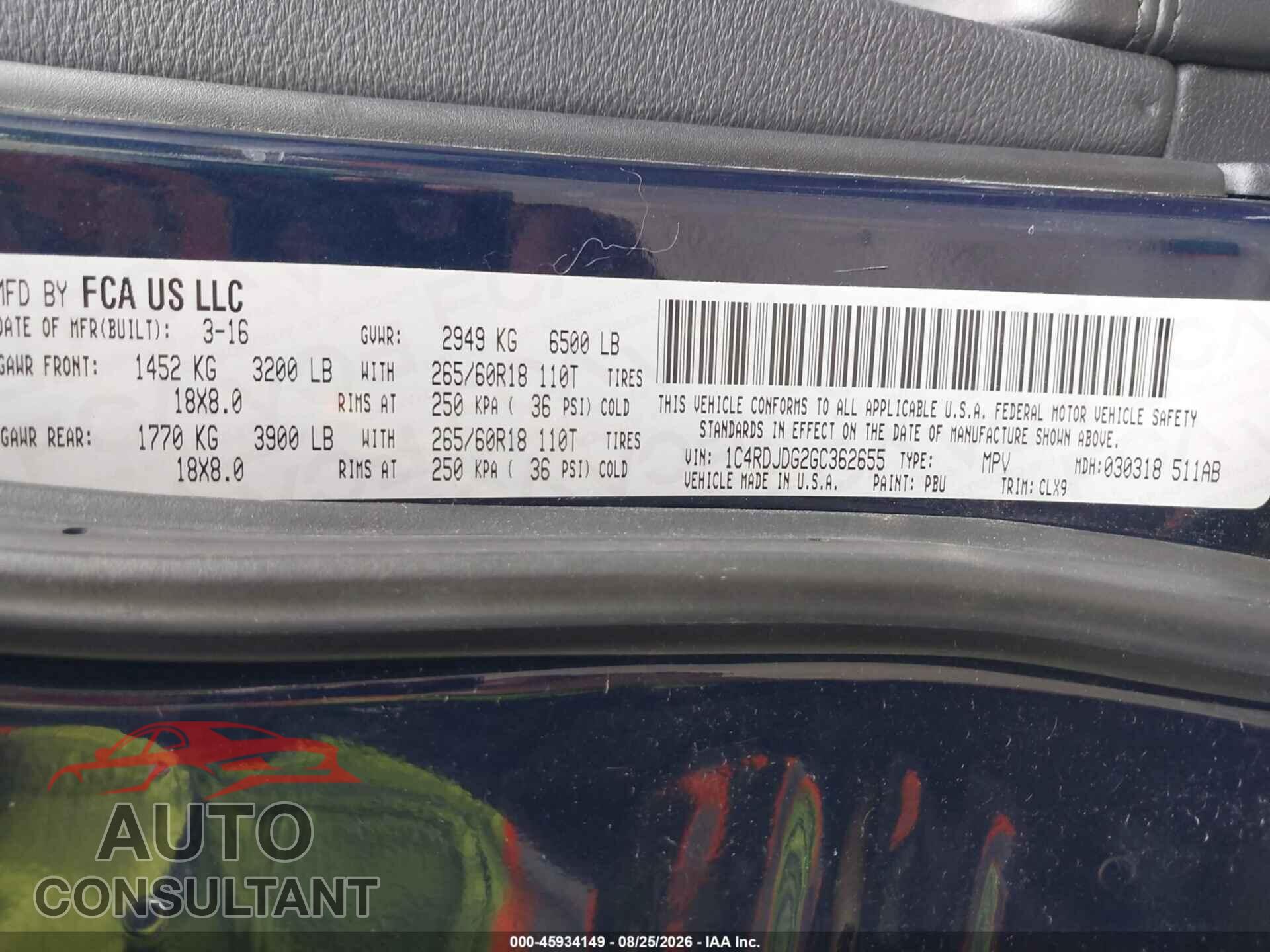 DODGE DURANGO 2016 - 1C4RDJDG2GC362655