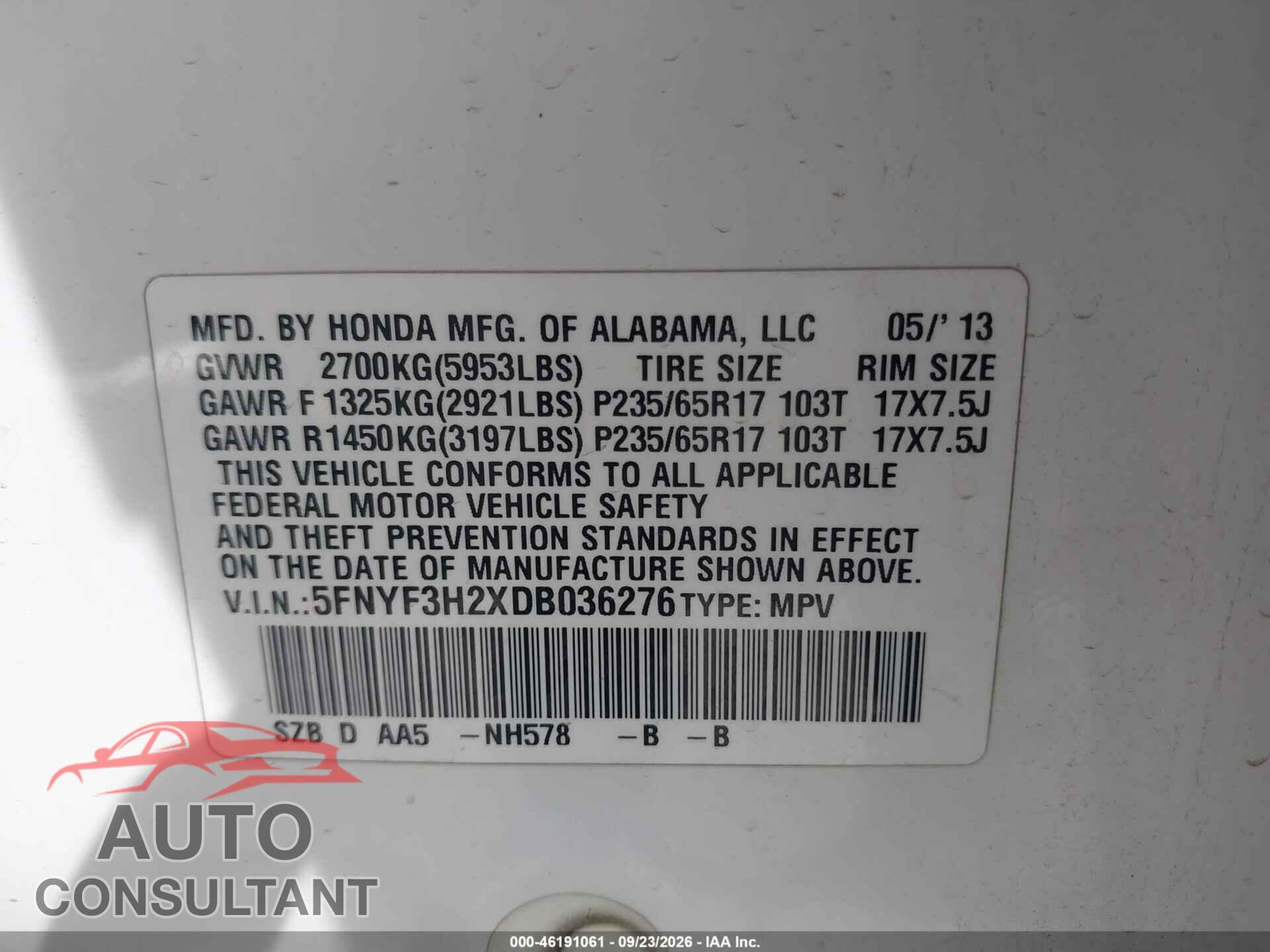 HONDA PILOT 2013 - 5FNYF3H2XDB036276