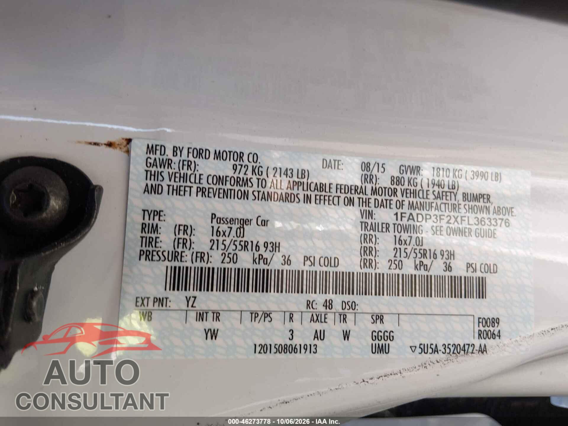 FORD FOCUS 2015 - 1FADP3F2XFL363376