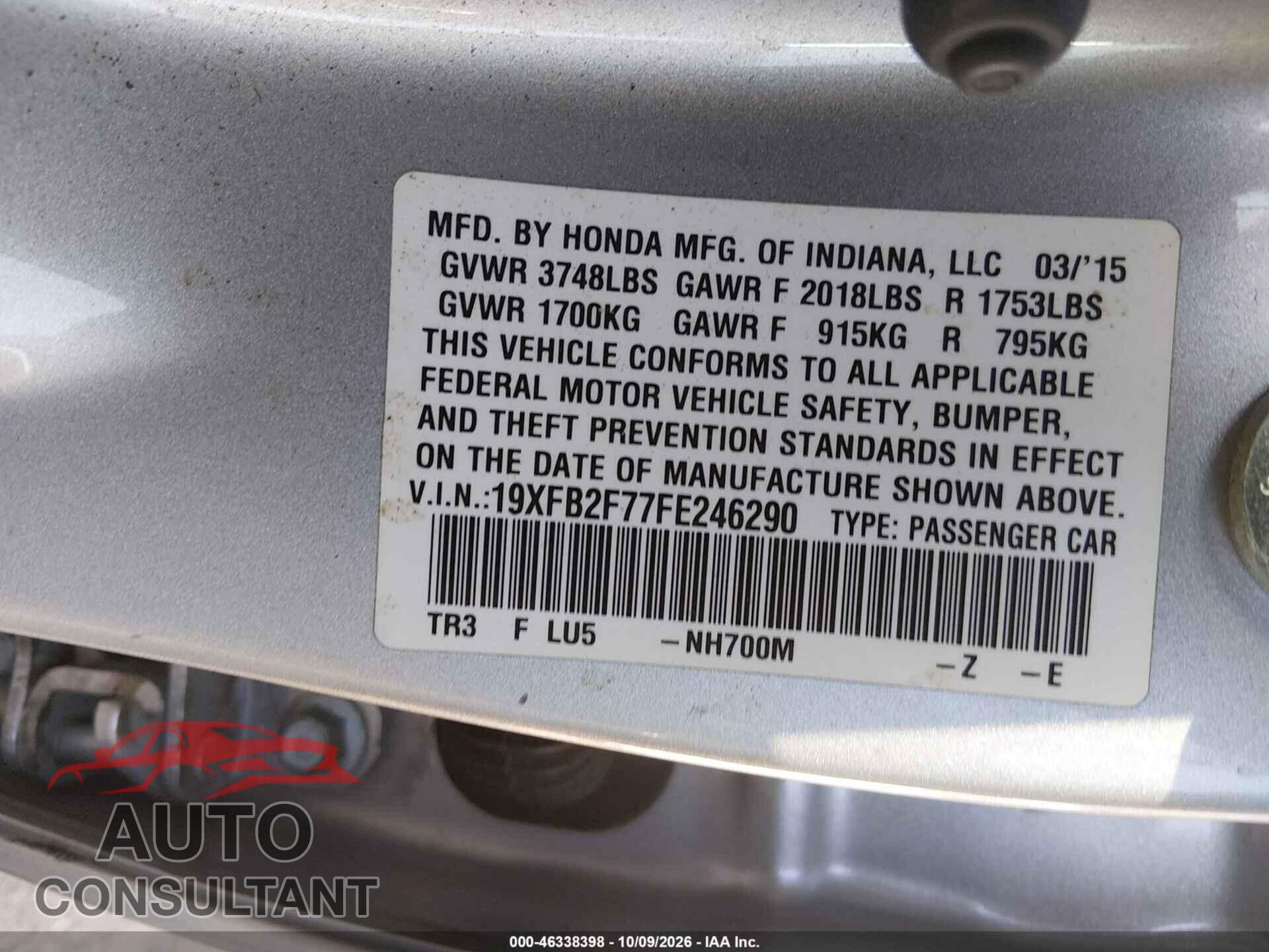 HONDA CIVIC 2015 - 19XFB2F77FE246290