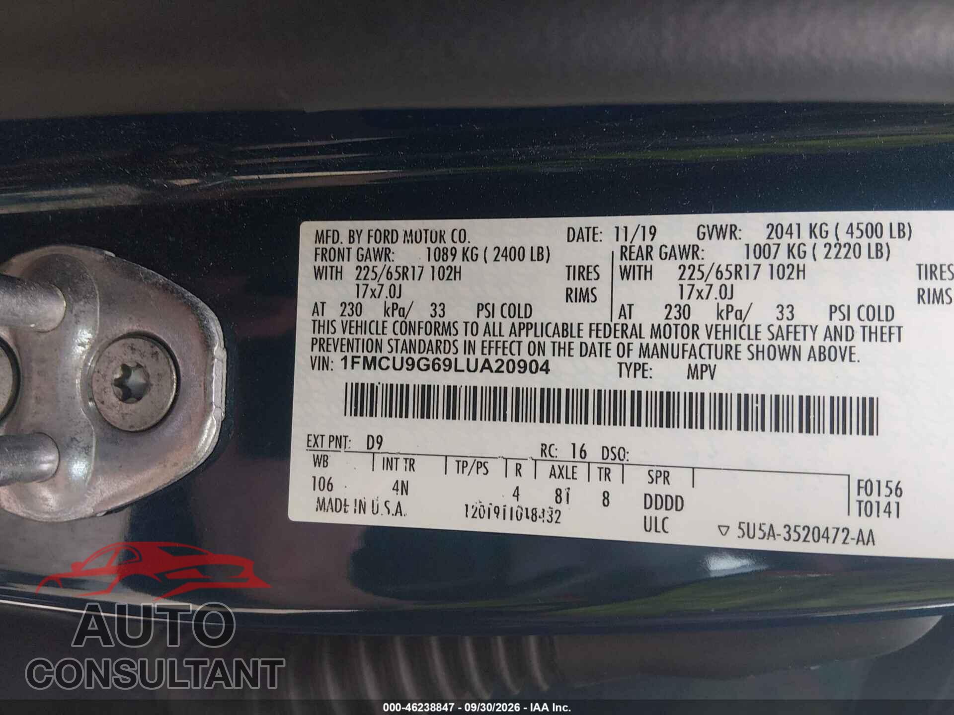 FORD ESCAPE 2020 - 1FMCU9G69LUA20904
