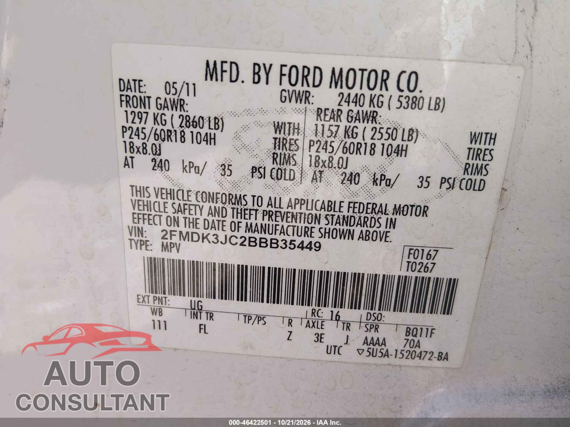 FORD EDGE 2011 - 2FMDK3JC2BBB35449