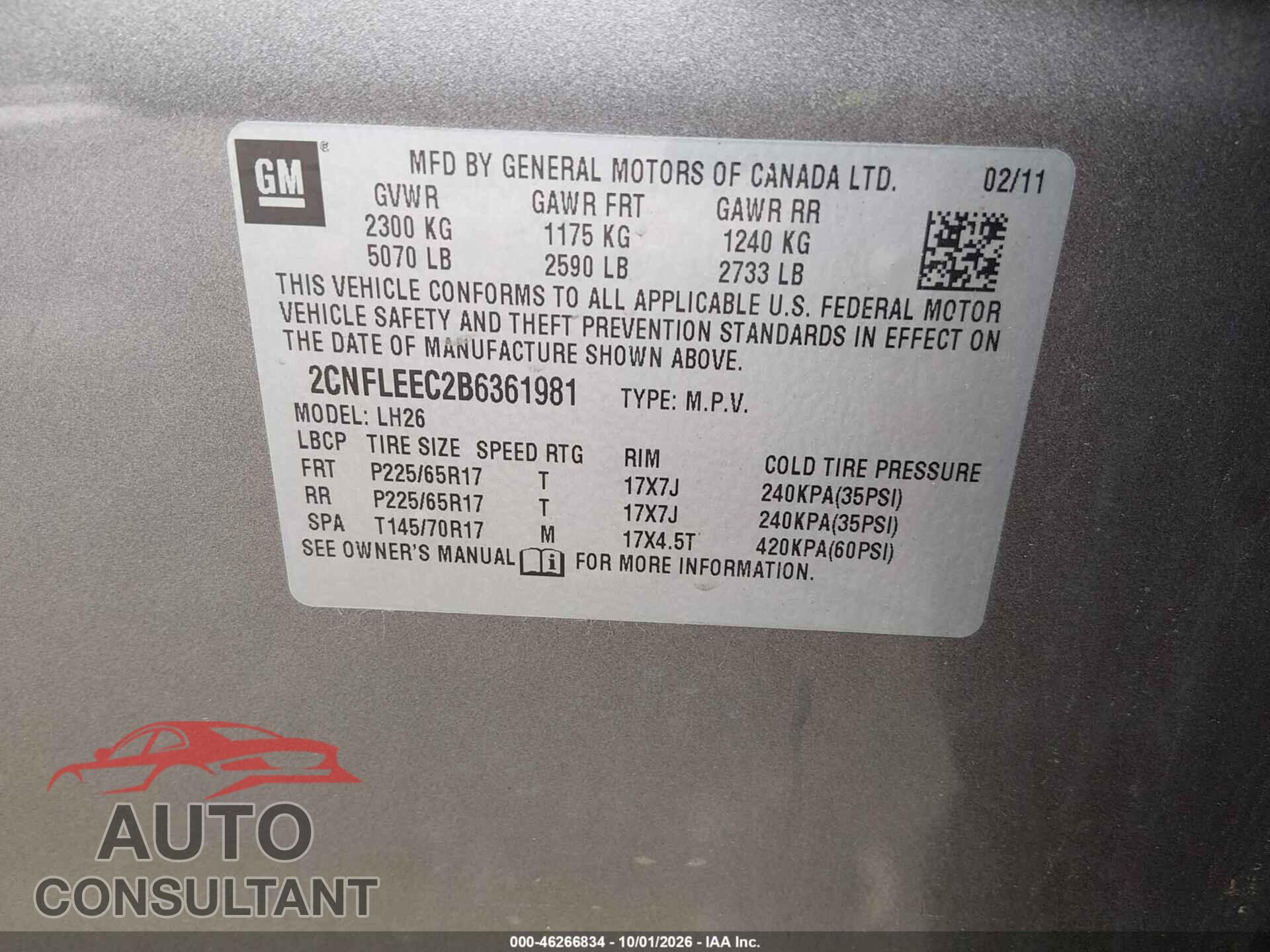 CHEVROLET EQUINOX 2011 - 2CNFLEEC2B6361981