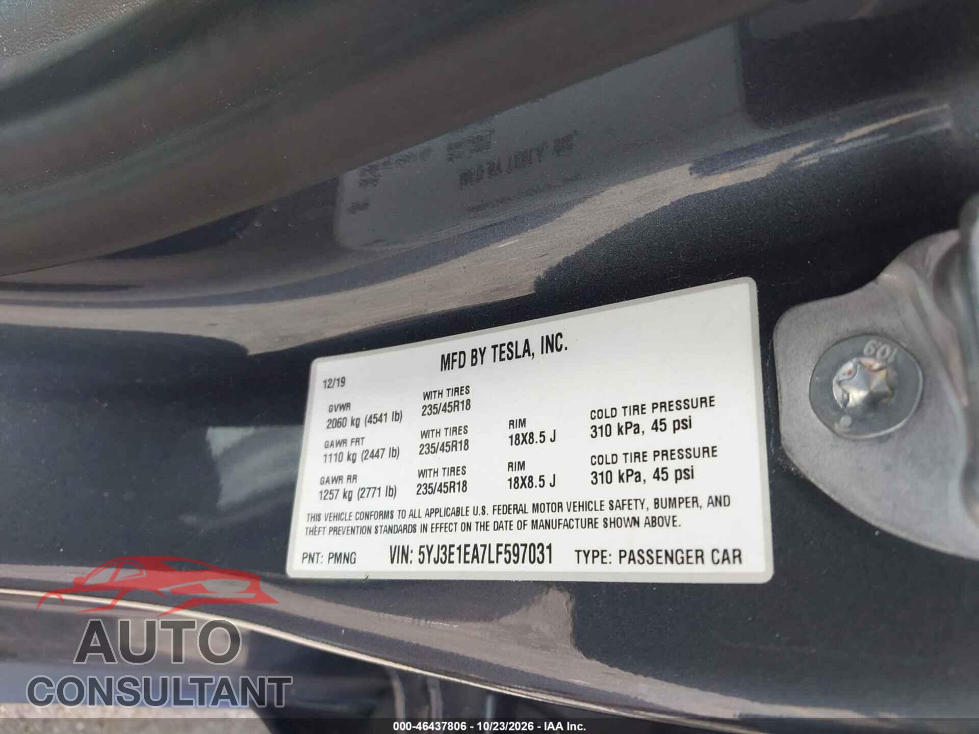 TESLA MODEL 3 2020 - 5YJ3E1EA7LF597031