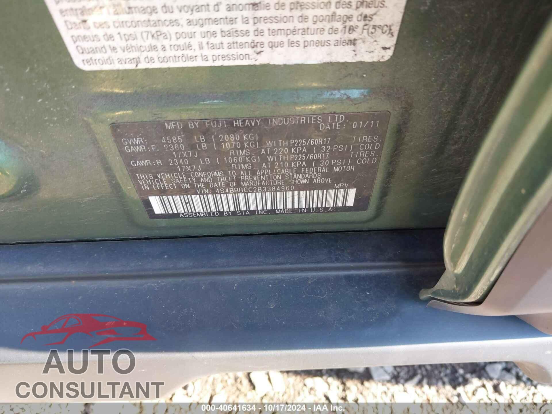 SUBARU OUTBACK 2011 - 4S4BRBCC2B3384960