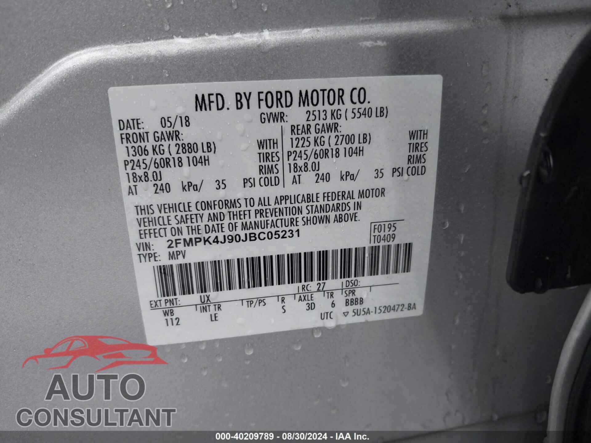 FORD EDGE 2018 - 2FMPK4J90JBC05231