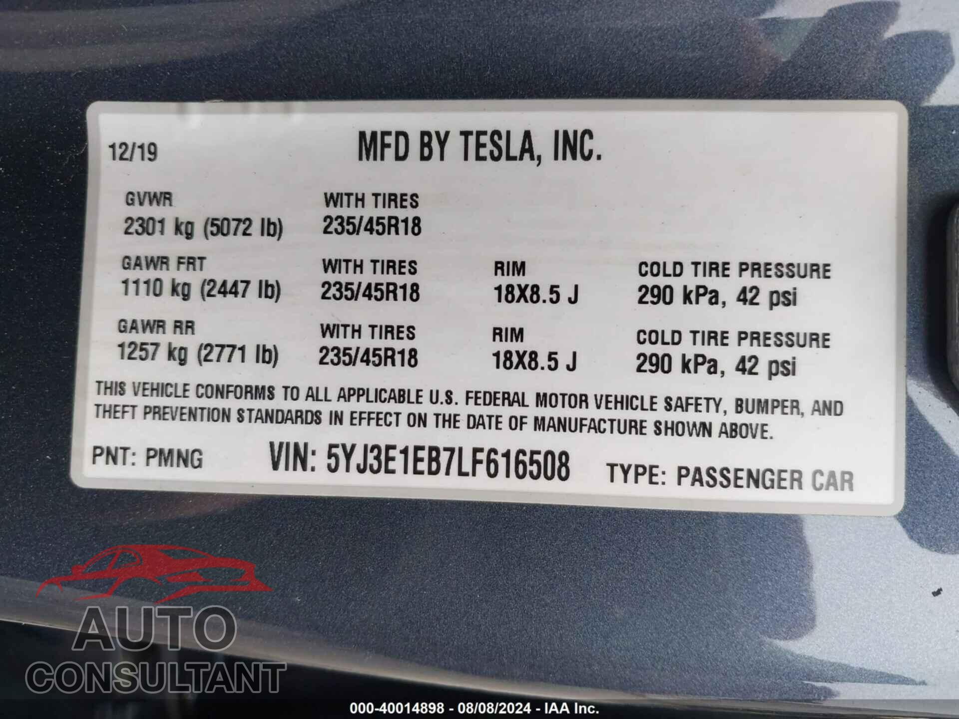 TESLA MODEL 3 2020 - 5YJ3E1EB7LF616508