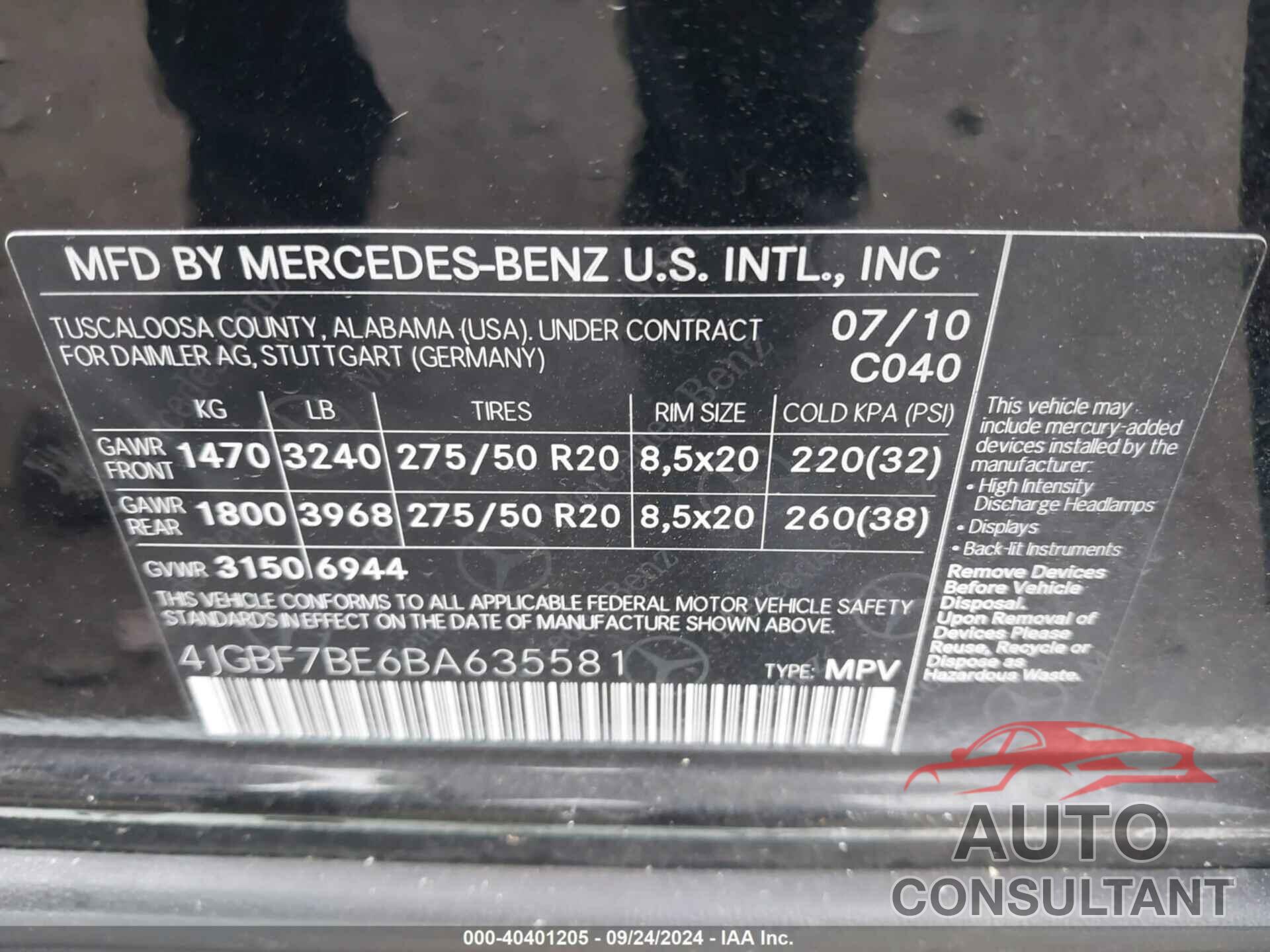 MERCEDES-BENZ GL 450 2011 - 4JGBF7BE6BA635581