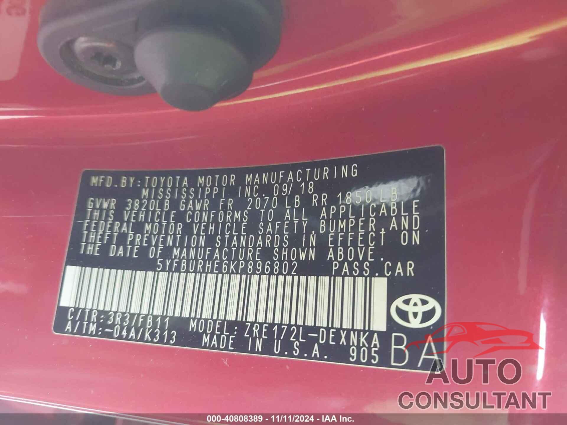 TOYOTA COROLLA 2019 - 5YFBURHE6KP896802