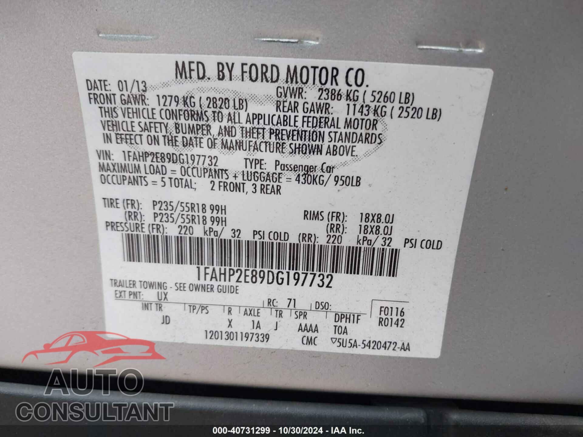 FORD TAURUS 2013 - 1FAHP2E89DG197732