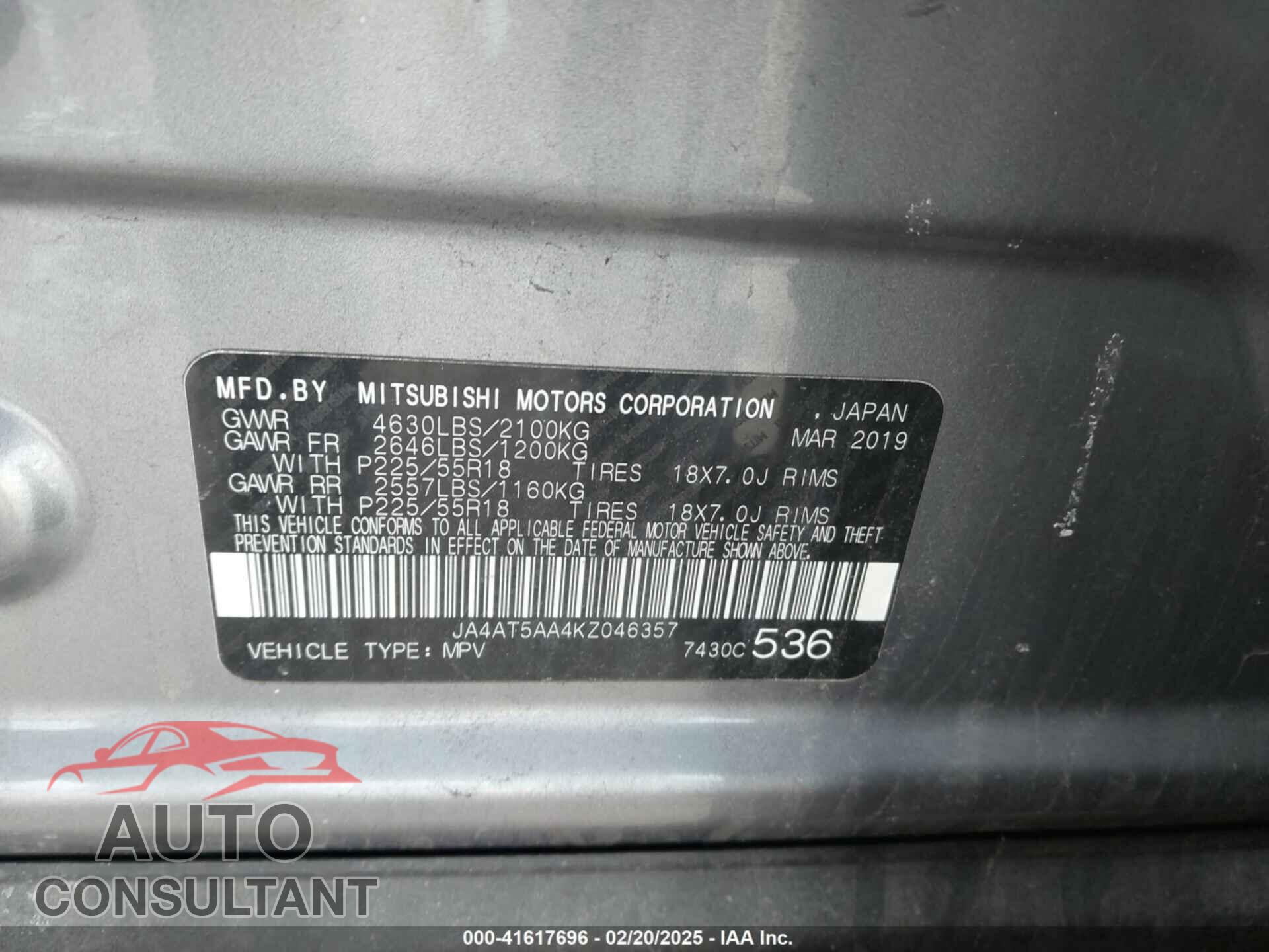 MITSUBISHI ECLIPSE CROSS 2019 - JA4AT5AA4KZ046357