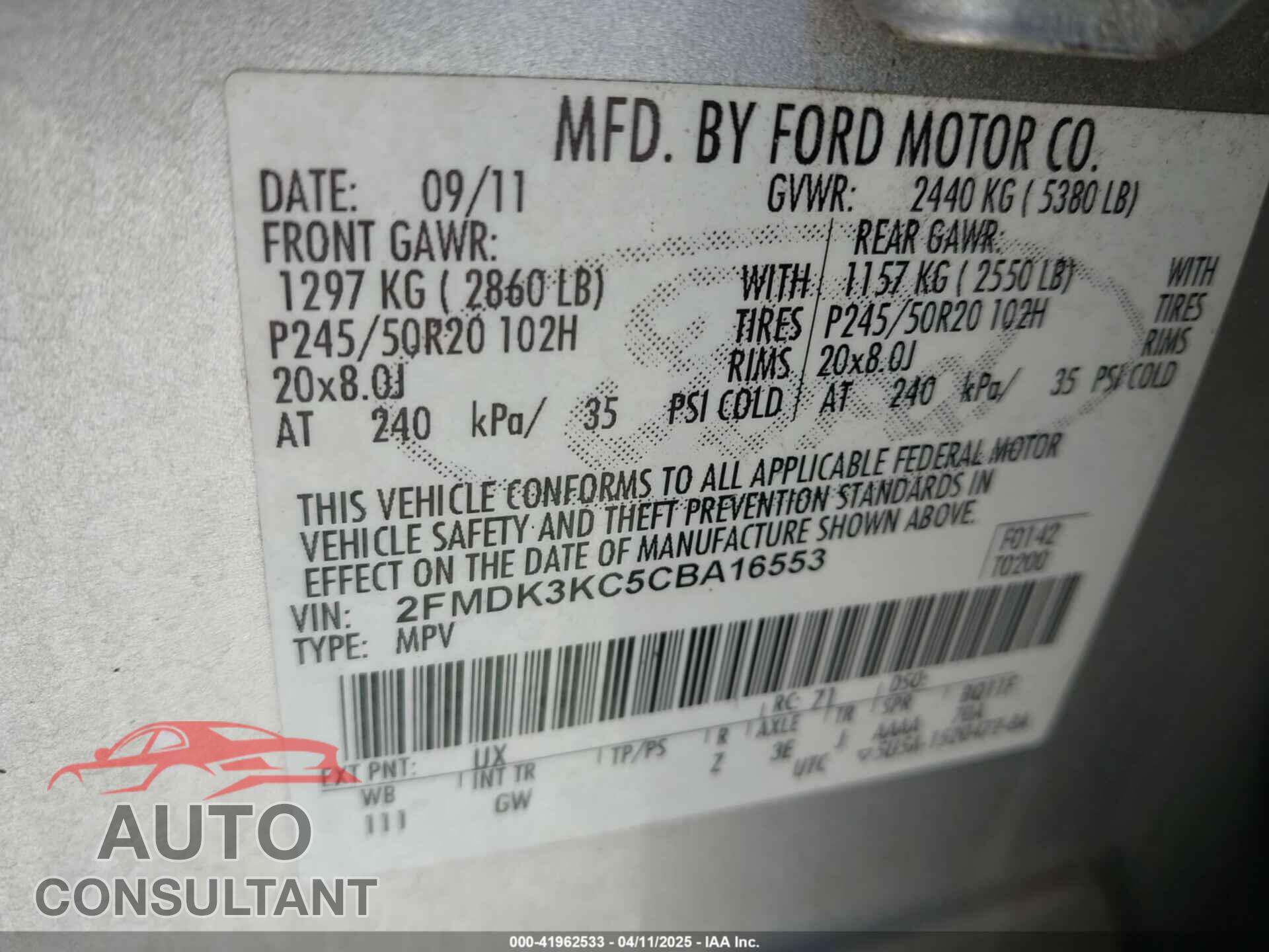 FORD EDGE 2012 - 2FMDK3KC5CBA16553