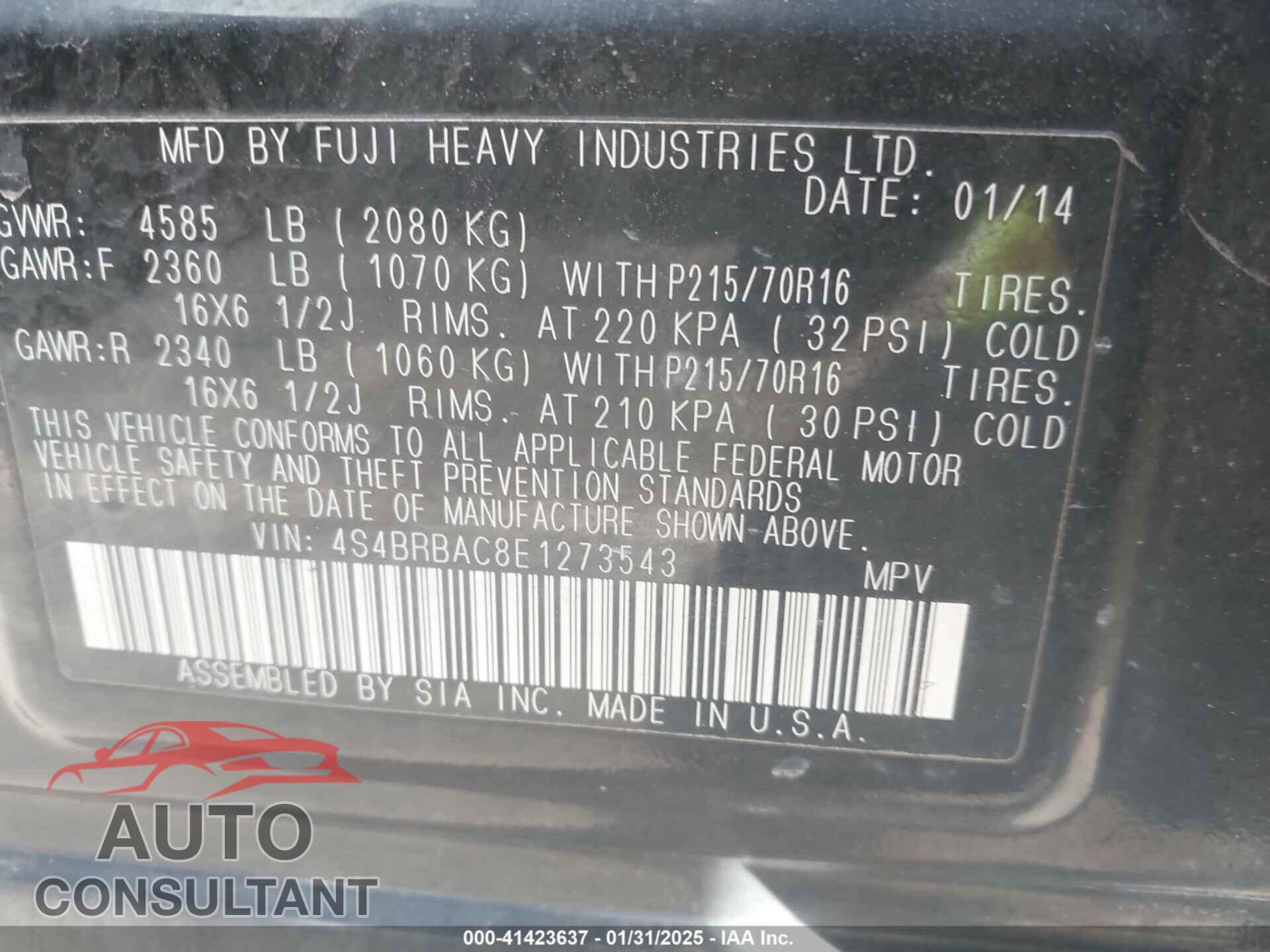 SUBARU OUTBACK 2014 - 4S4BRBAC8E1273543