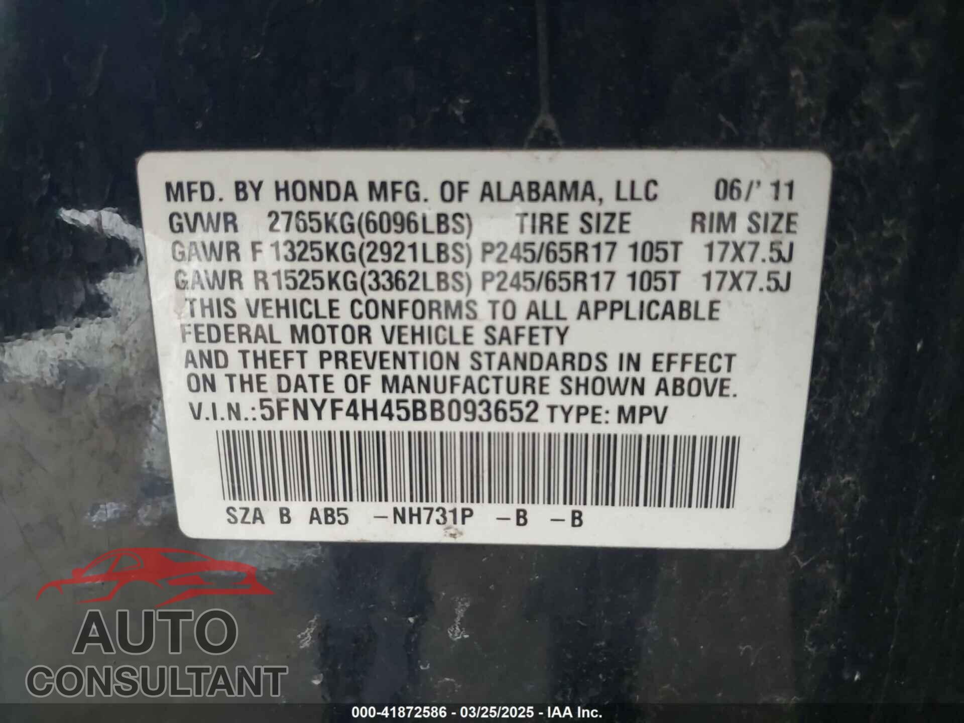 HONDA PILOT 2011 - 5FNYF4H45BB093652