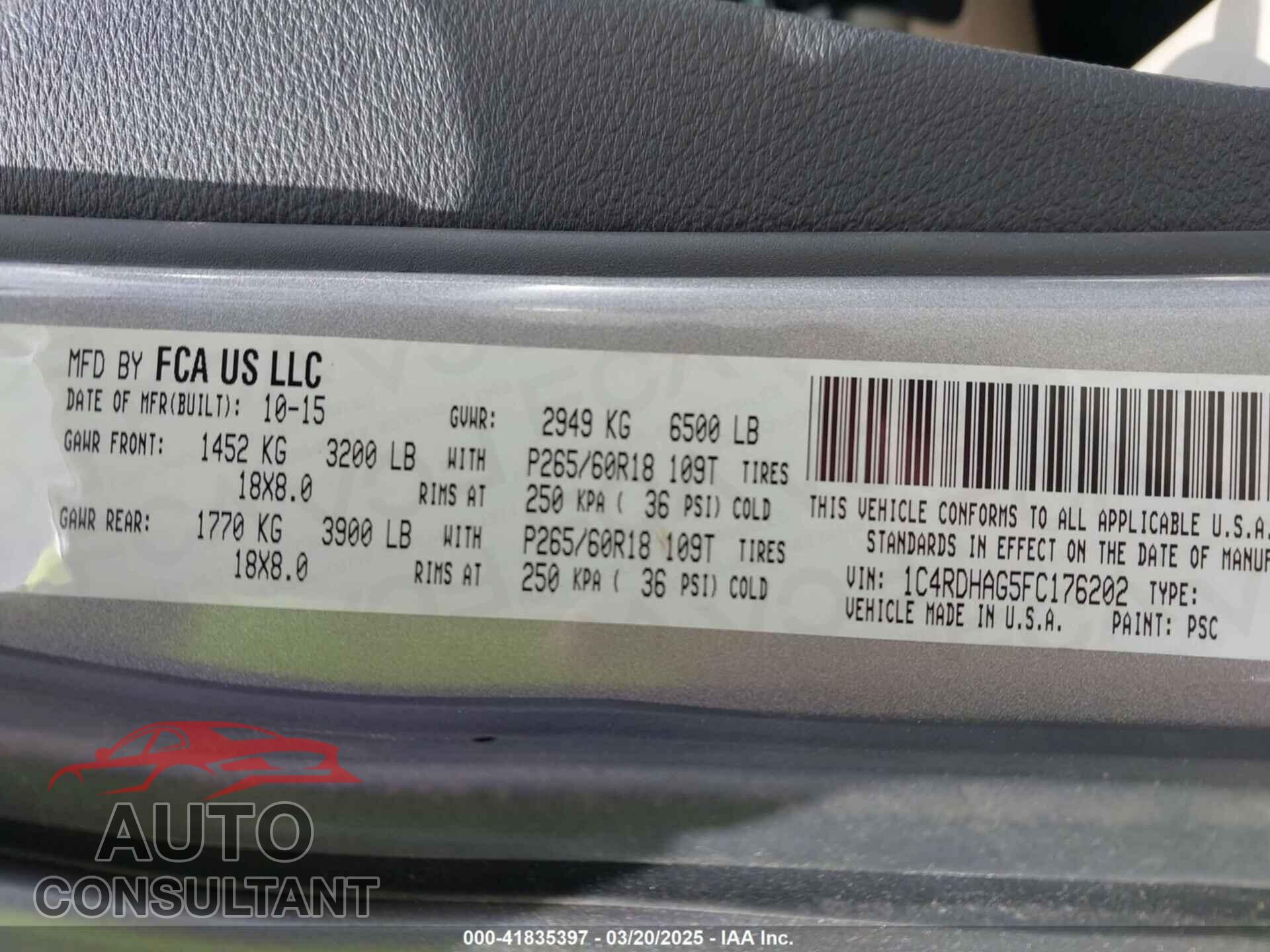 DODGE DURANGO 2015 - 1C4RDHAG5FC176202