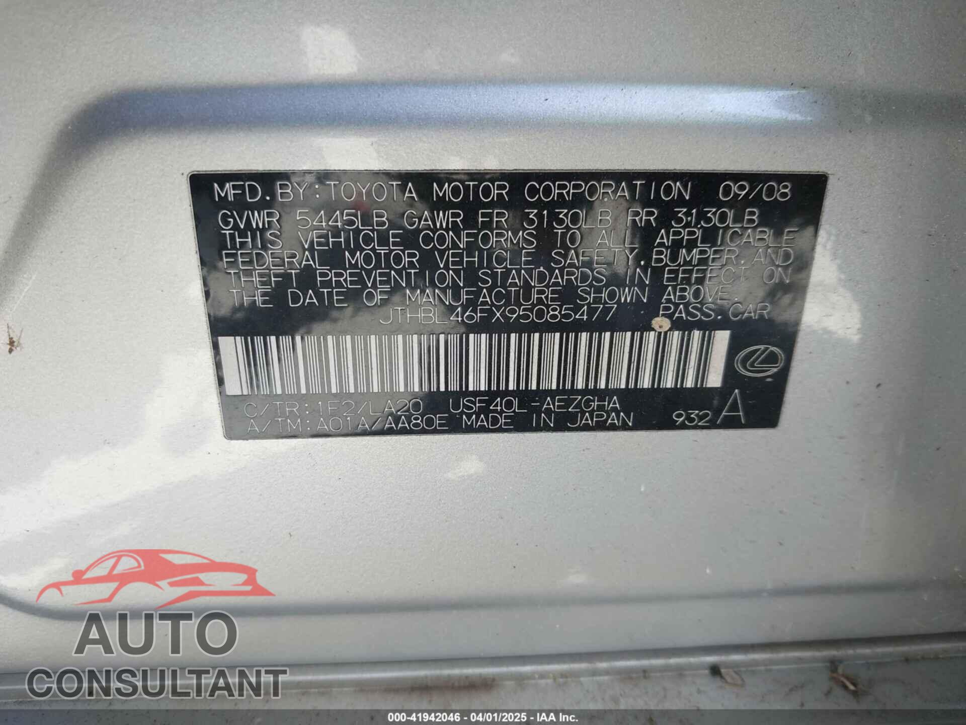 LEXUS LS 460 2009 - JTHBL46FX95085477