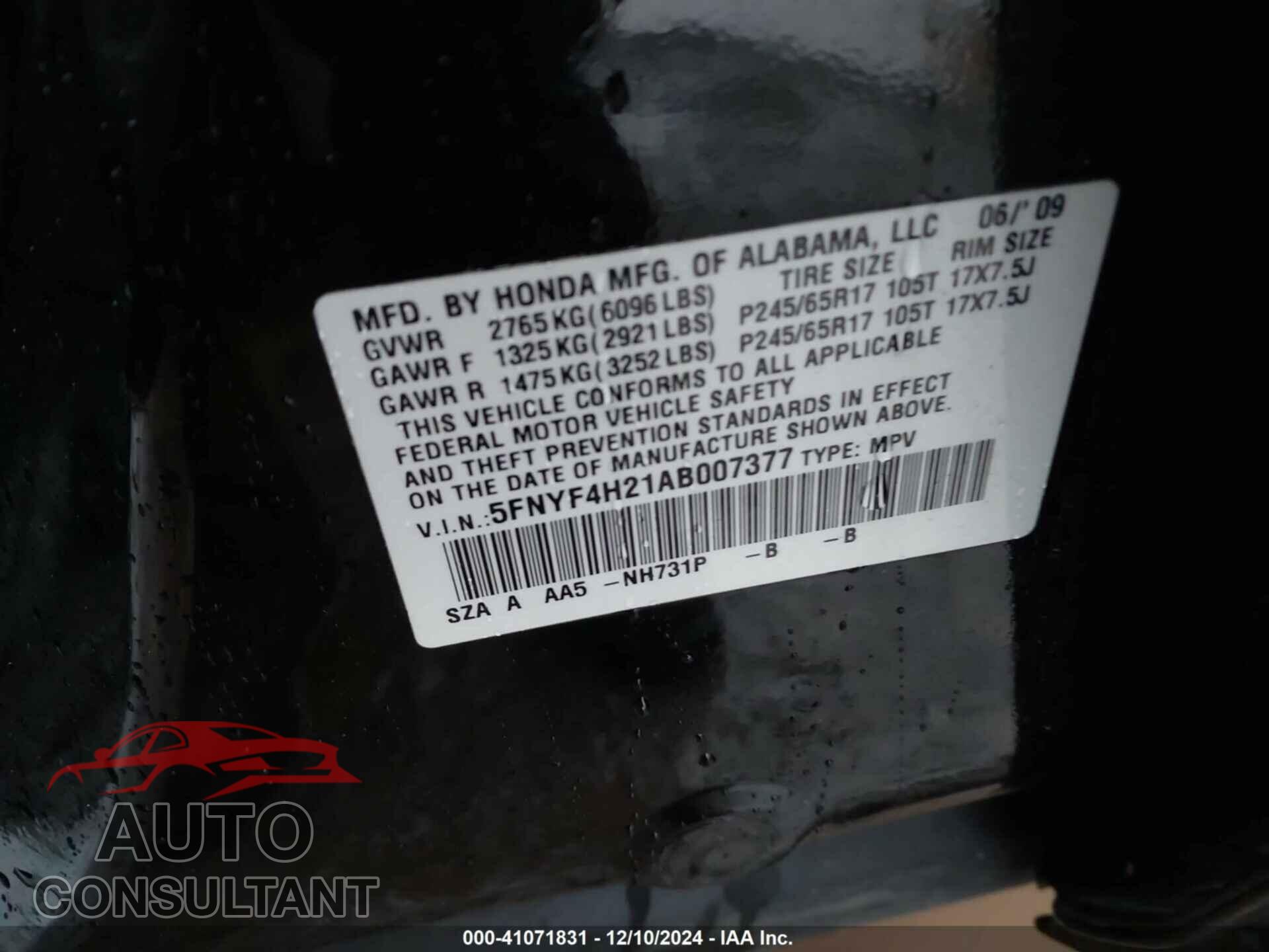 HONDA PILOT 2010 - 5FNYF4H21AB007377