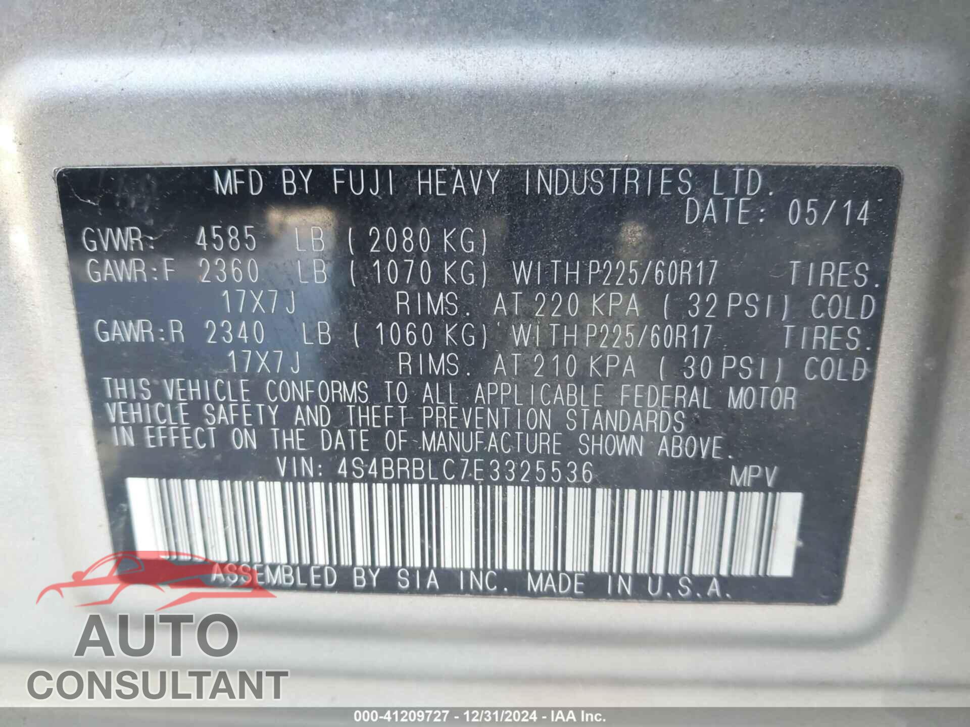 SUBARU OUTBACK 2014 - 4S4BRBLC7E3325536
