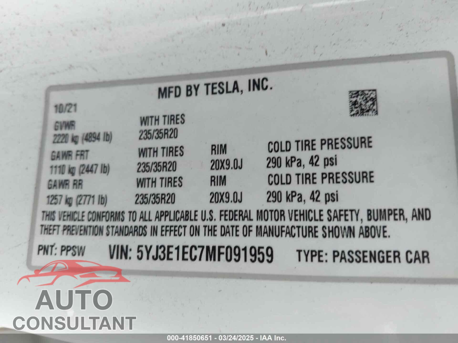 TESLA MODEL 3 2021 - 5YJ3E1EC7MF091959