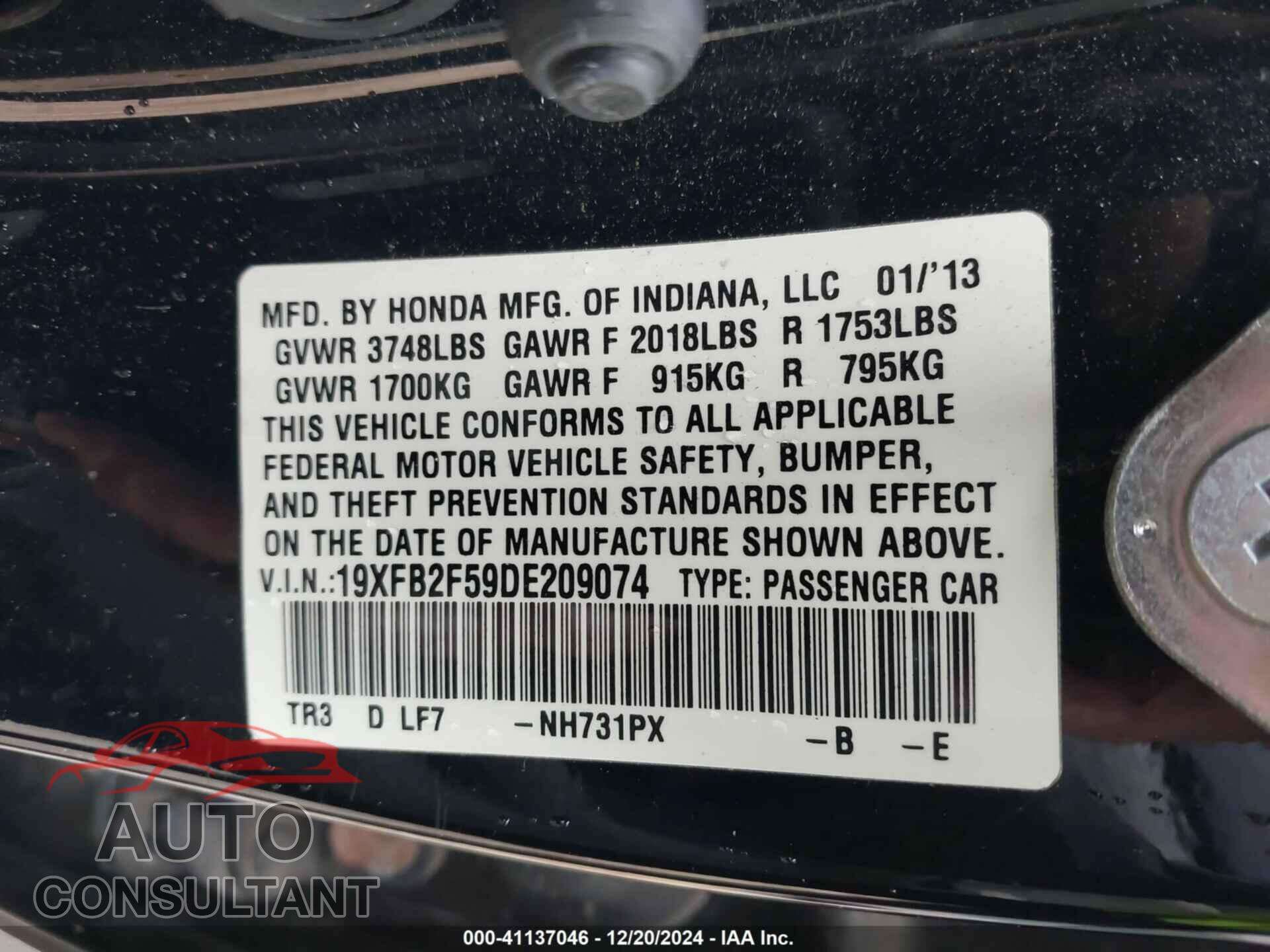 HONDA CIVIC 2013 - 19XFB2F59DE209074