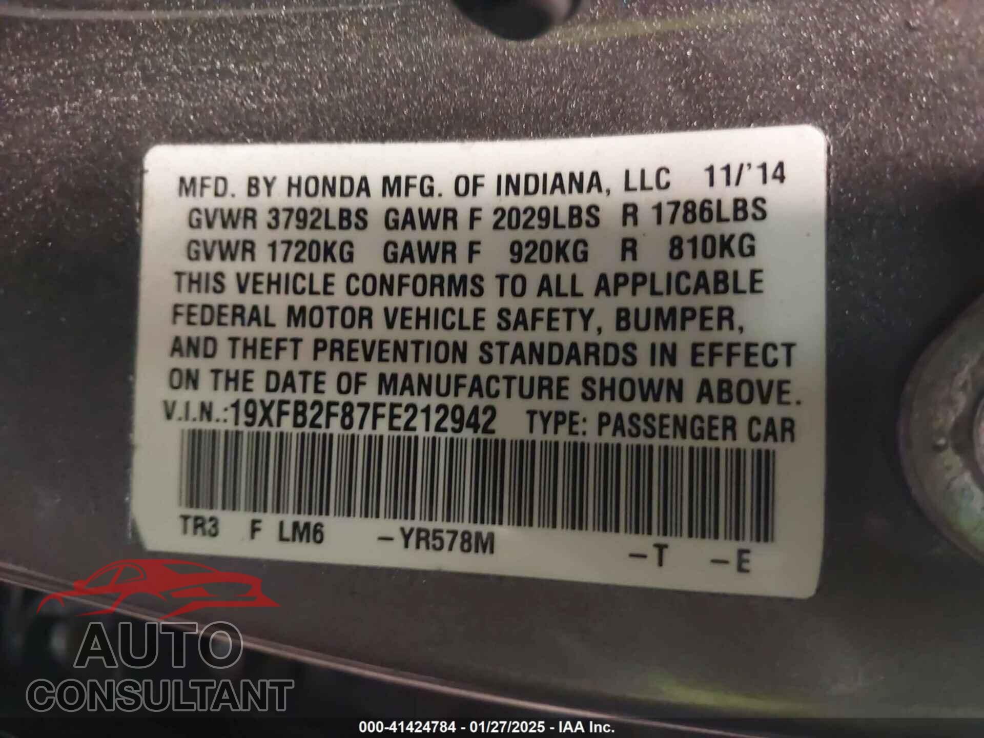 HONDA CIVIC 2015 - 19XFB2F87FE212942