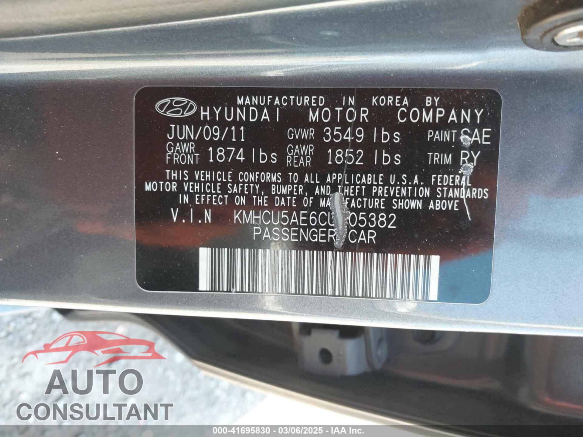 HYUNDAI ACCENT 2012 - KMHCU5AE6CU005382