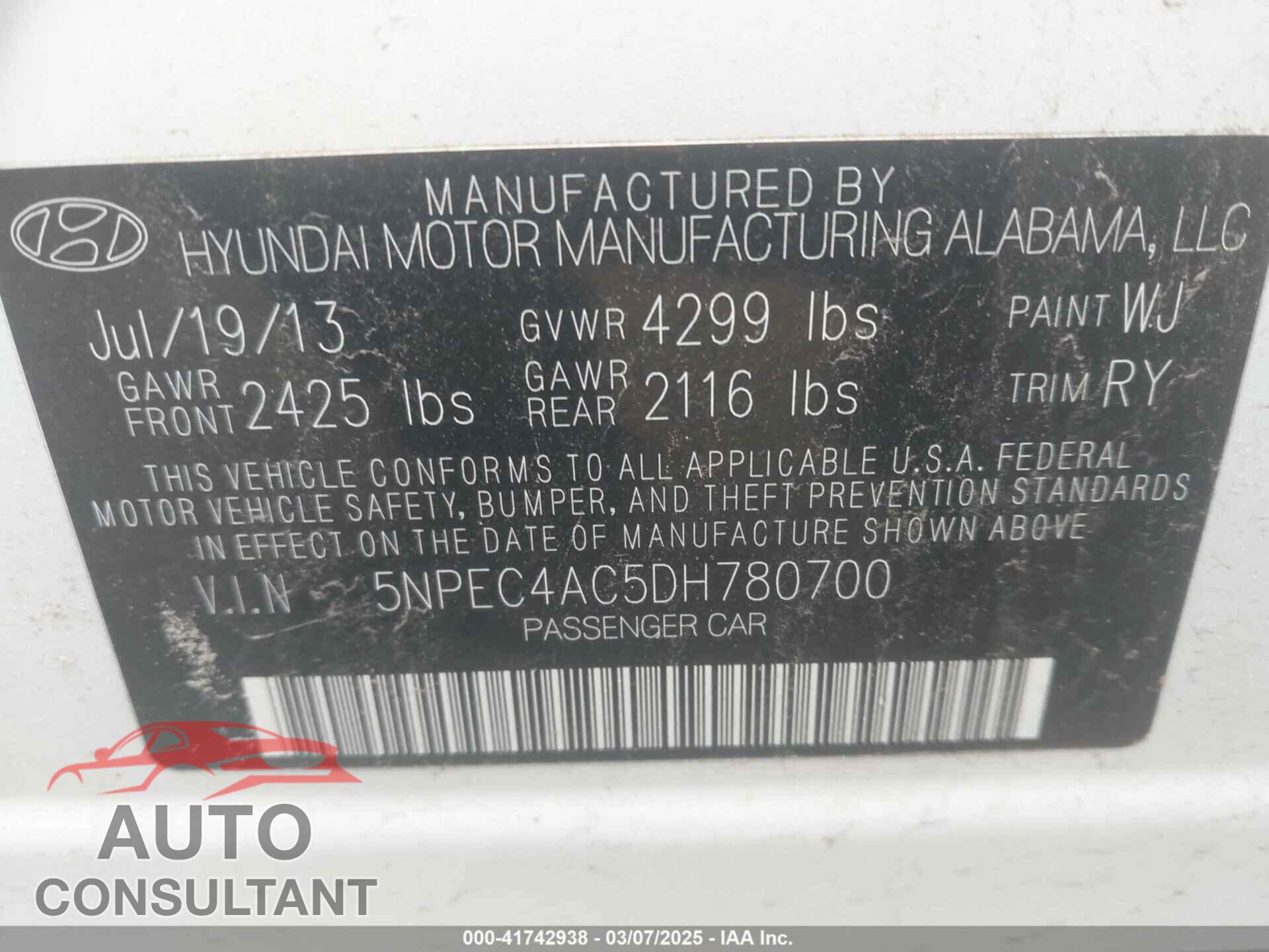 HYUNDAI SONATA 2013 - 5NPEC4AC5DH780700