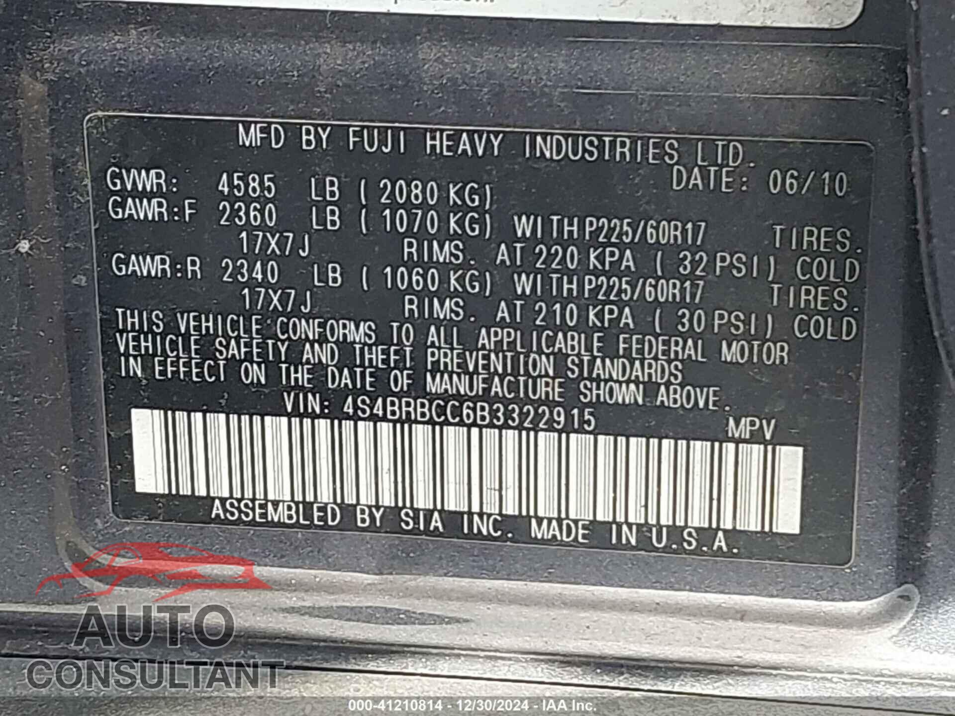 SUBARU OUTBACK 2011 - 4S4BRBCC6B3322915