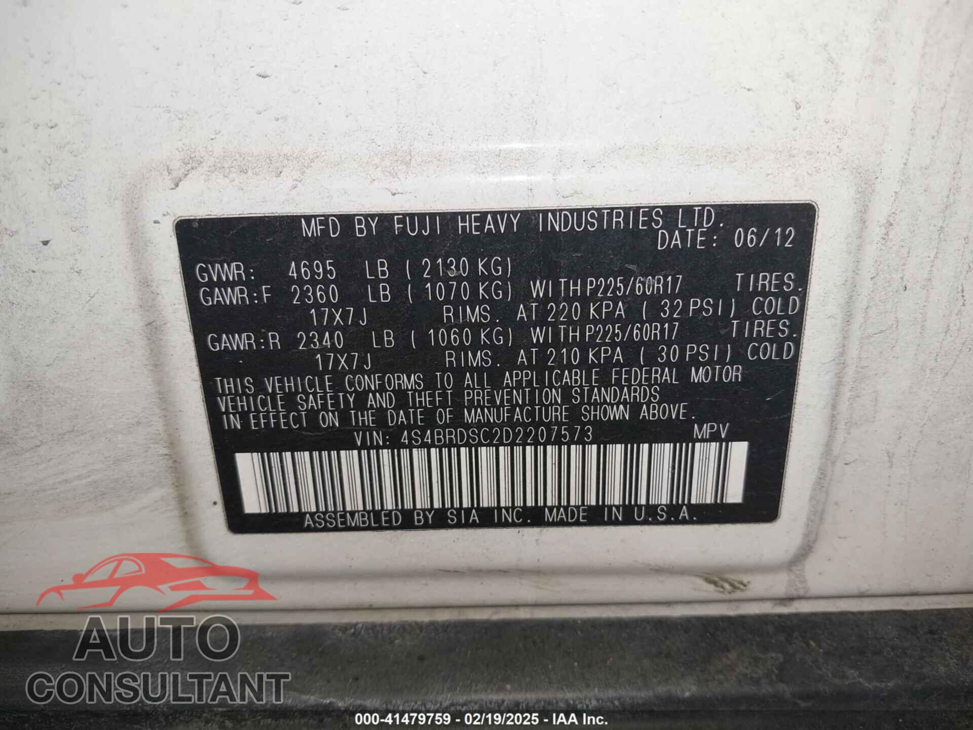 SUBARU OUTBACK 2013 - 4S4BRDSC2D2207573