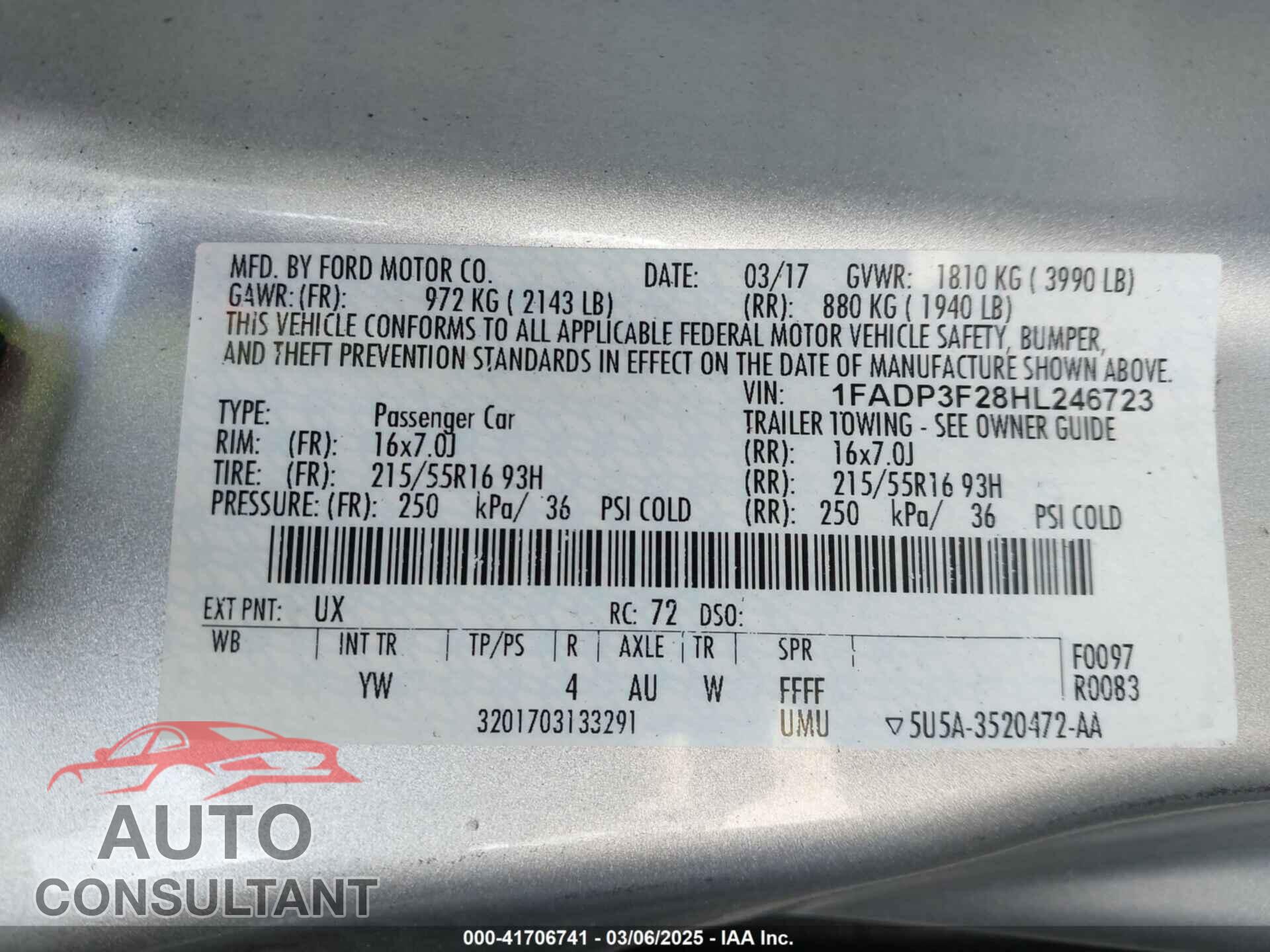 FORD FOCUS 2017 - 1FADP3F28HL246723