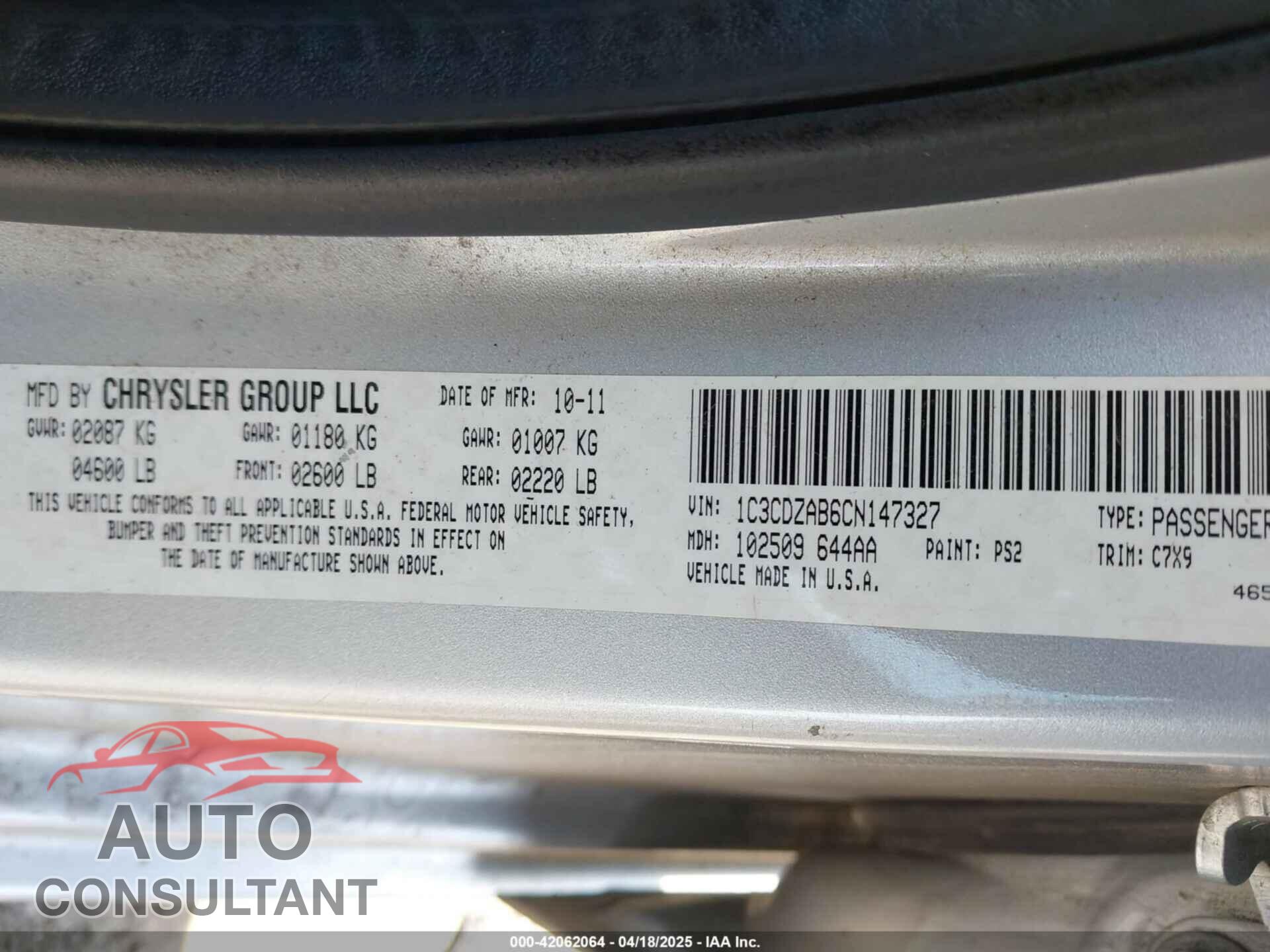 DODGE AVENGER 2012 - 1C3CDZAB6CN147327