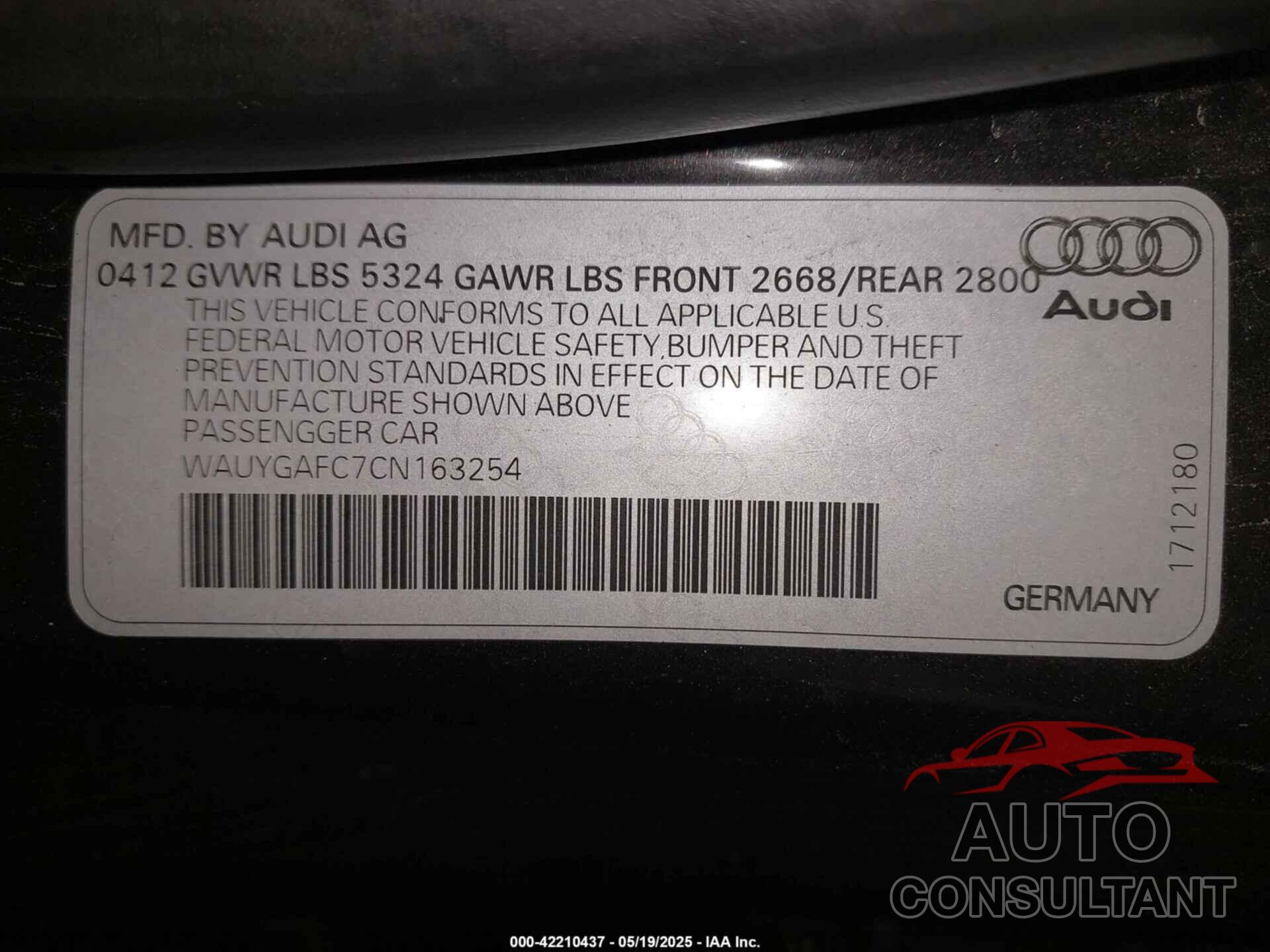 AUDI A7 2012 - WAUYGAFC7CN163254