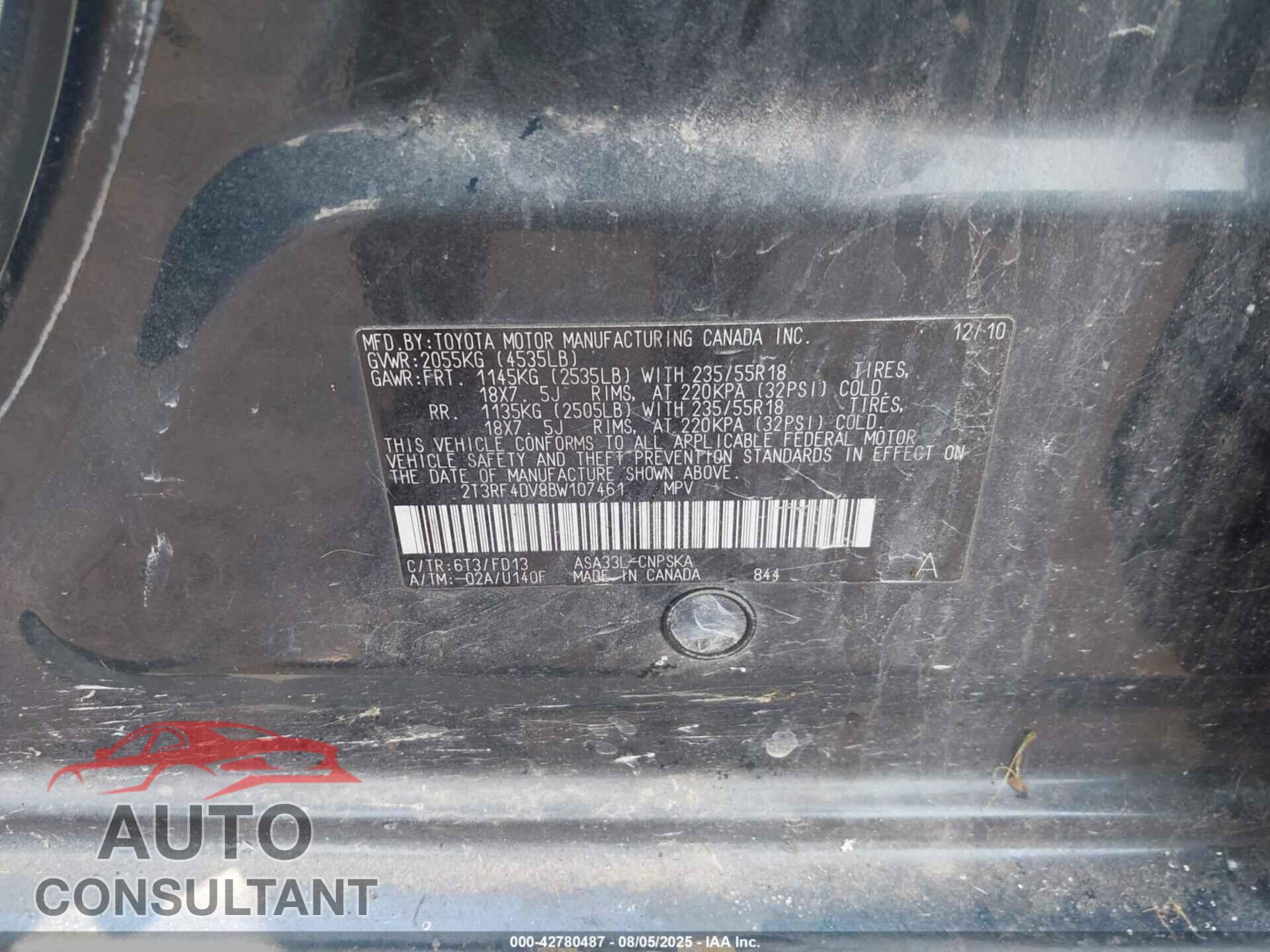 TOYOTA RAV4 2011 - 2T3RF4DV8BW107461