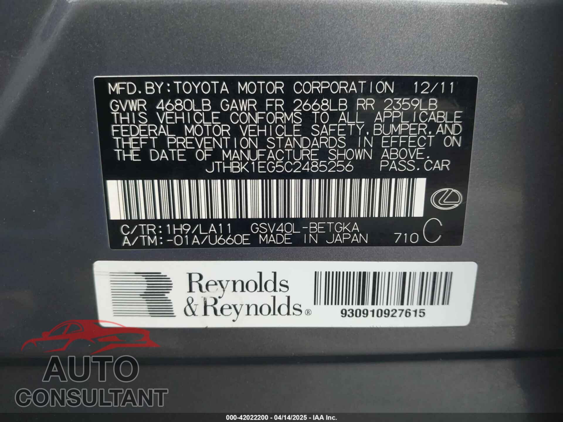 LEXUS ES 350 2012 - JTHBK1EG5C2485256