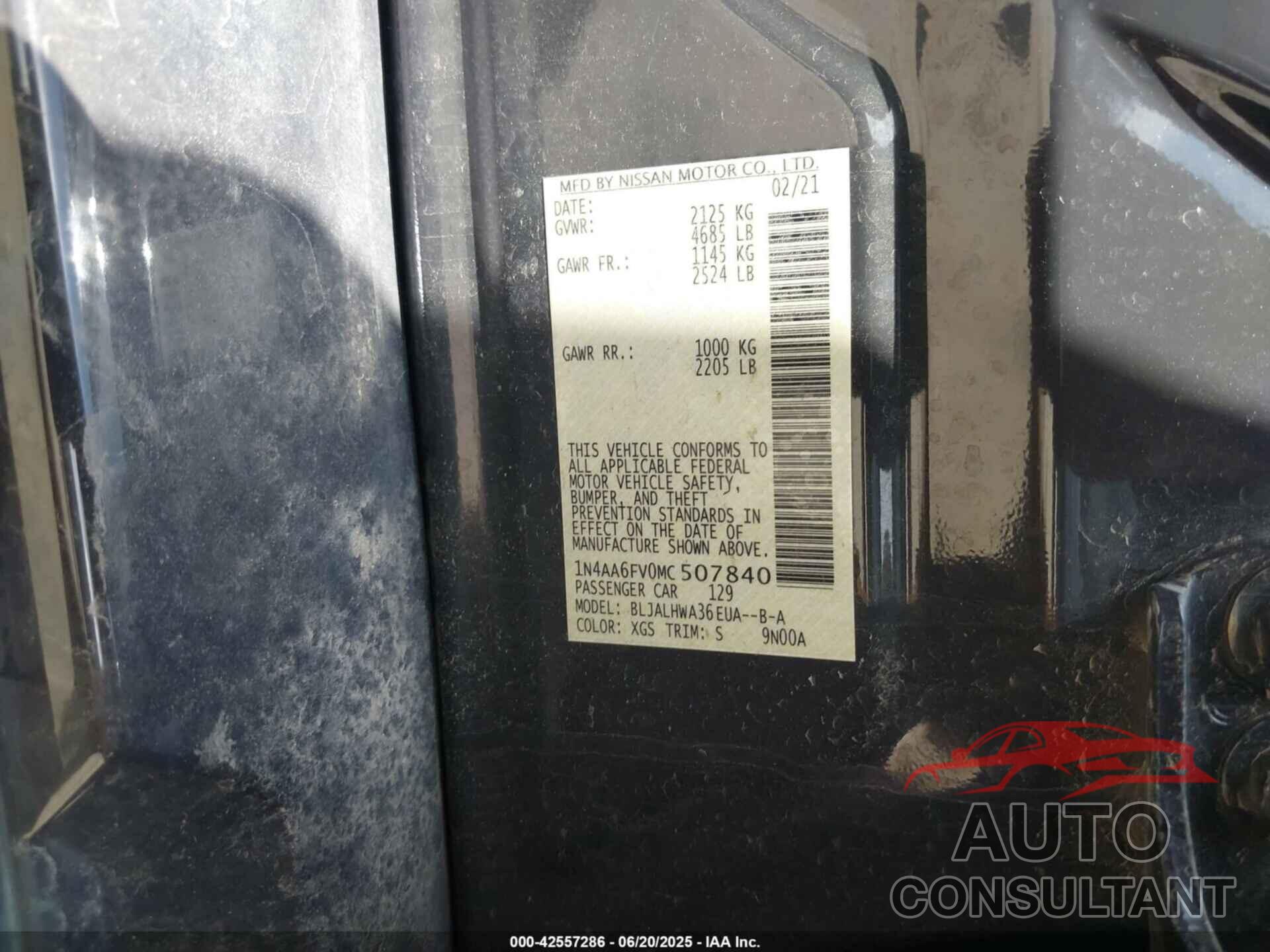 NISSAN MAXIMA 2021 - 1N4AA6FV0MC507840