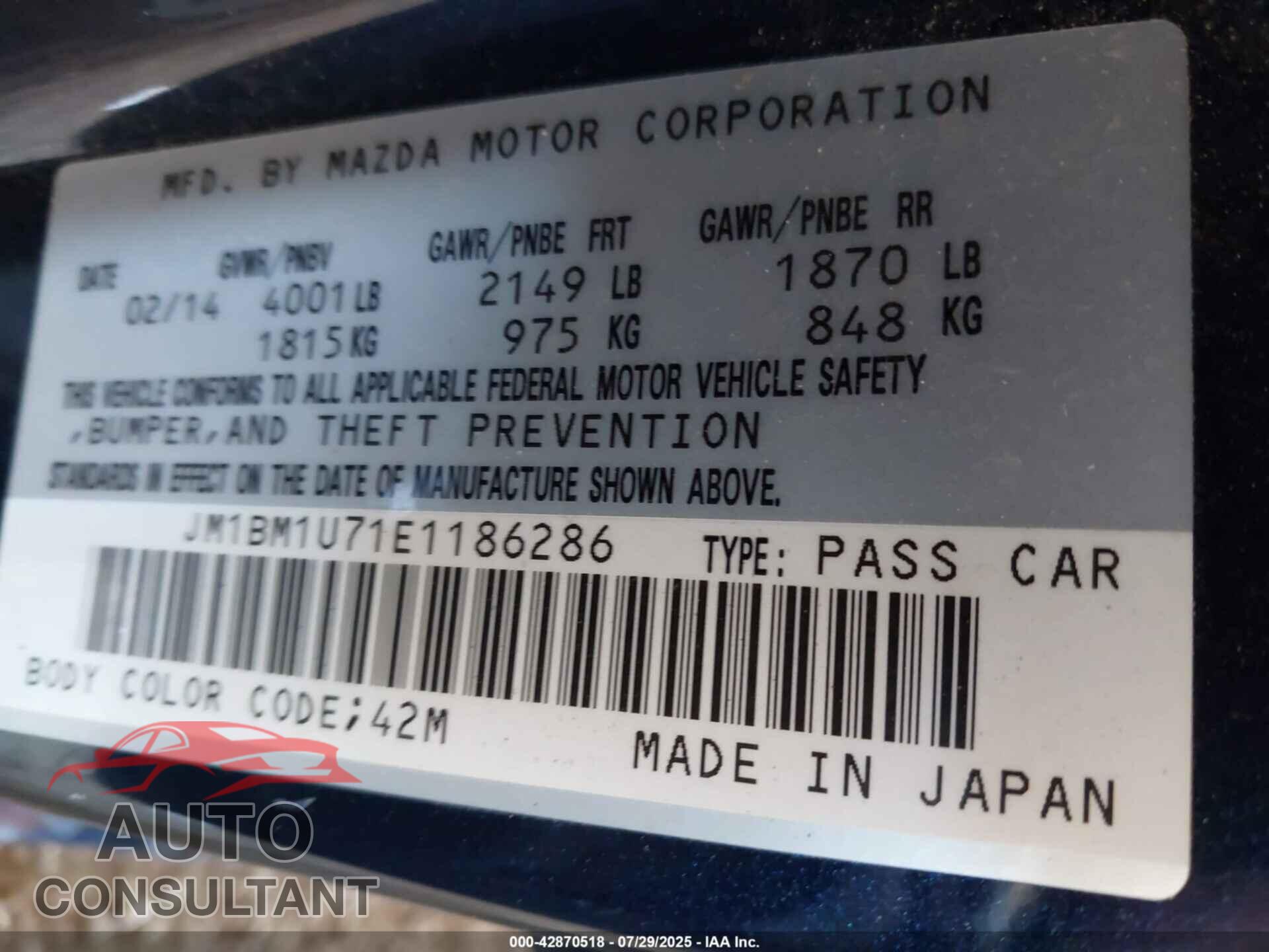 MAZDA MAZDA3 2014 - JM1BM1U71E1186286