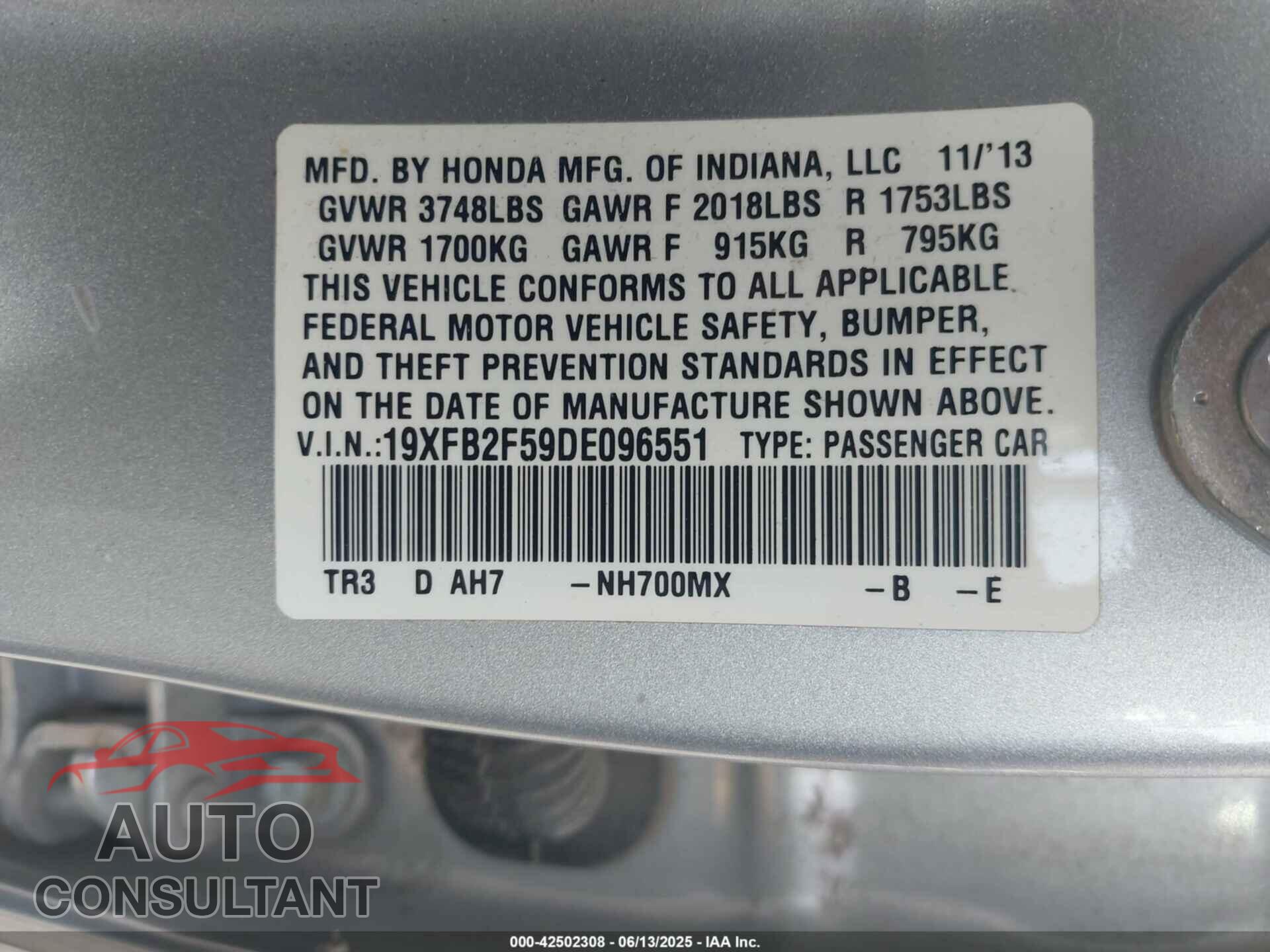 HONDA CIVIC 2013 - 19XFB2F59DE096551