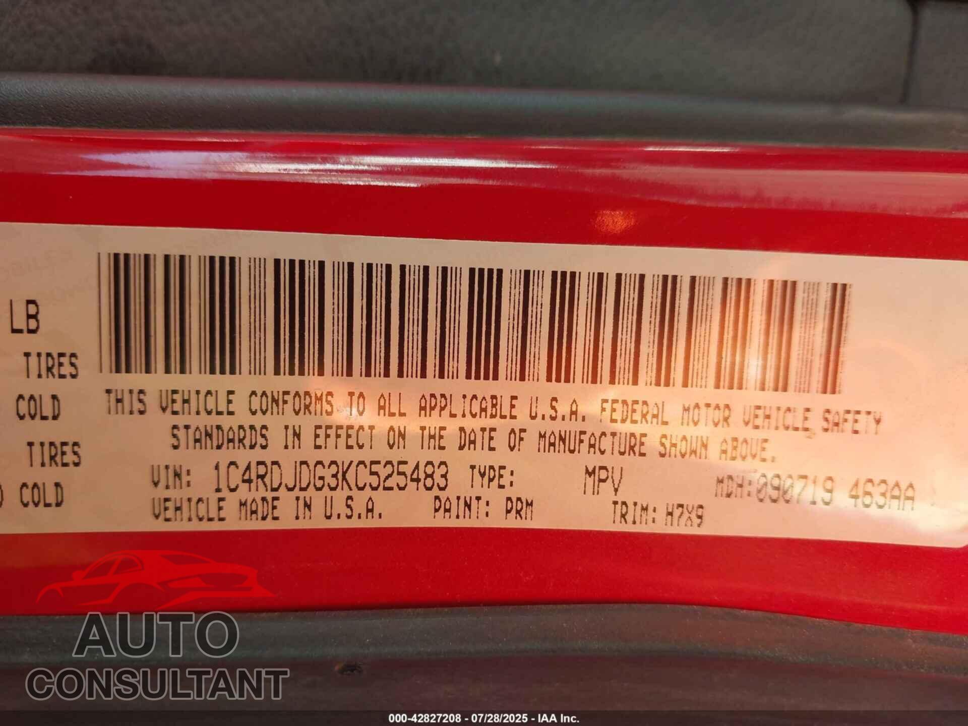 DODGE DURANGO 2019 - 1C4RDJDG3KC525483