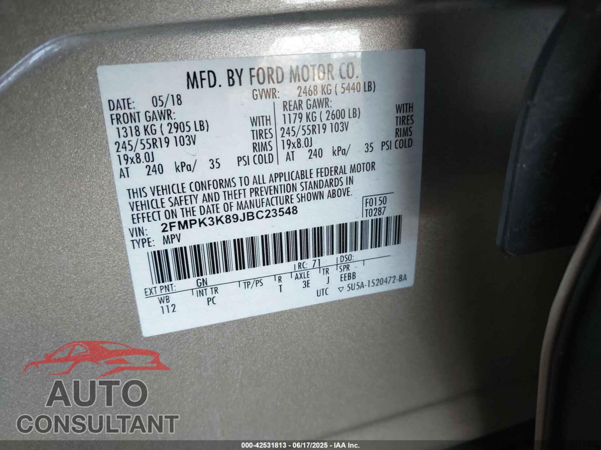 FORD EDGE 2018 - 2FMPK3K89JBC23548