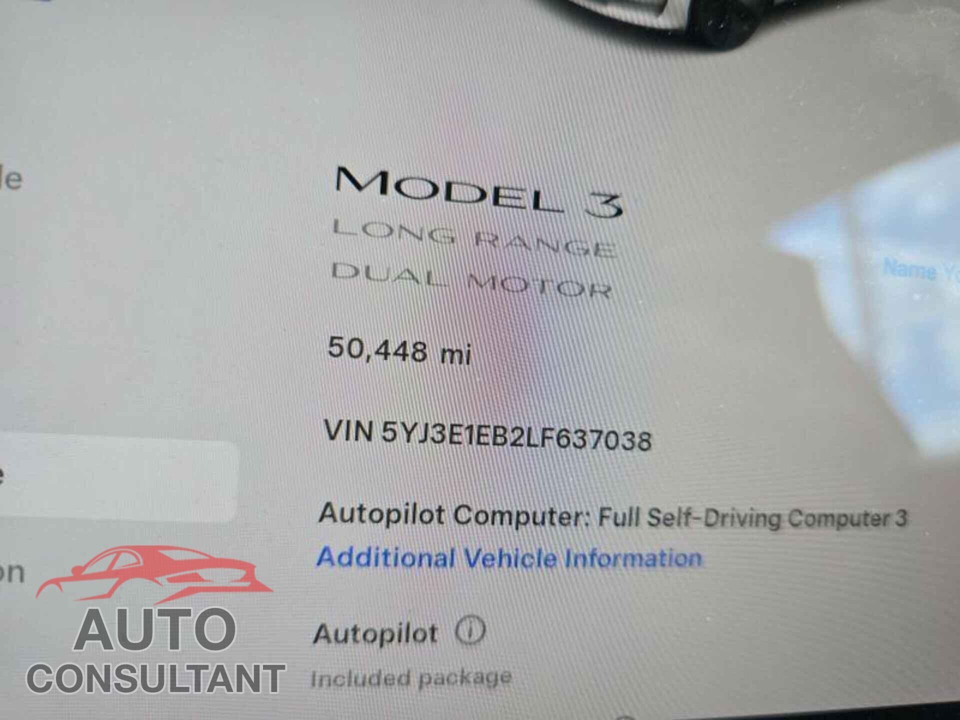 TESLA MODEL 3 2020 - 5YJ3E1EB2LF637038