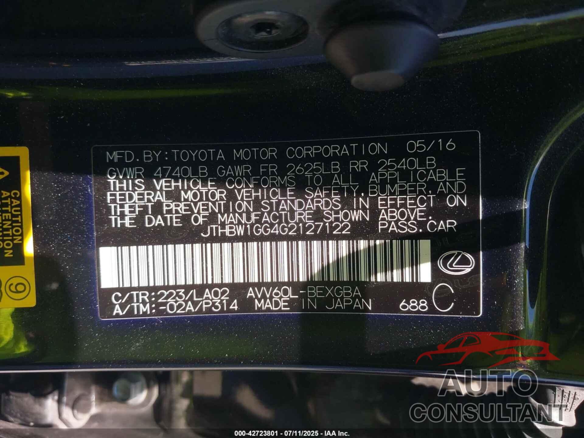 LEXUS ES 300H 2016 - JTHBW1GG4G2127122