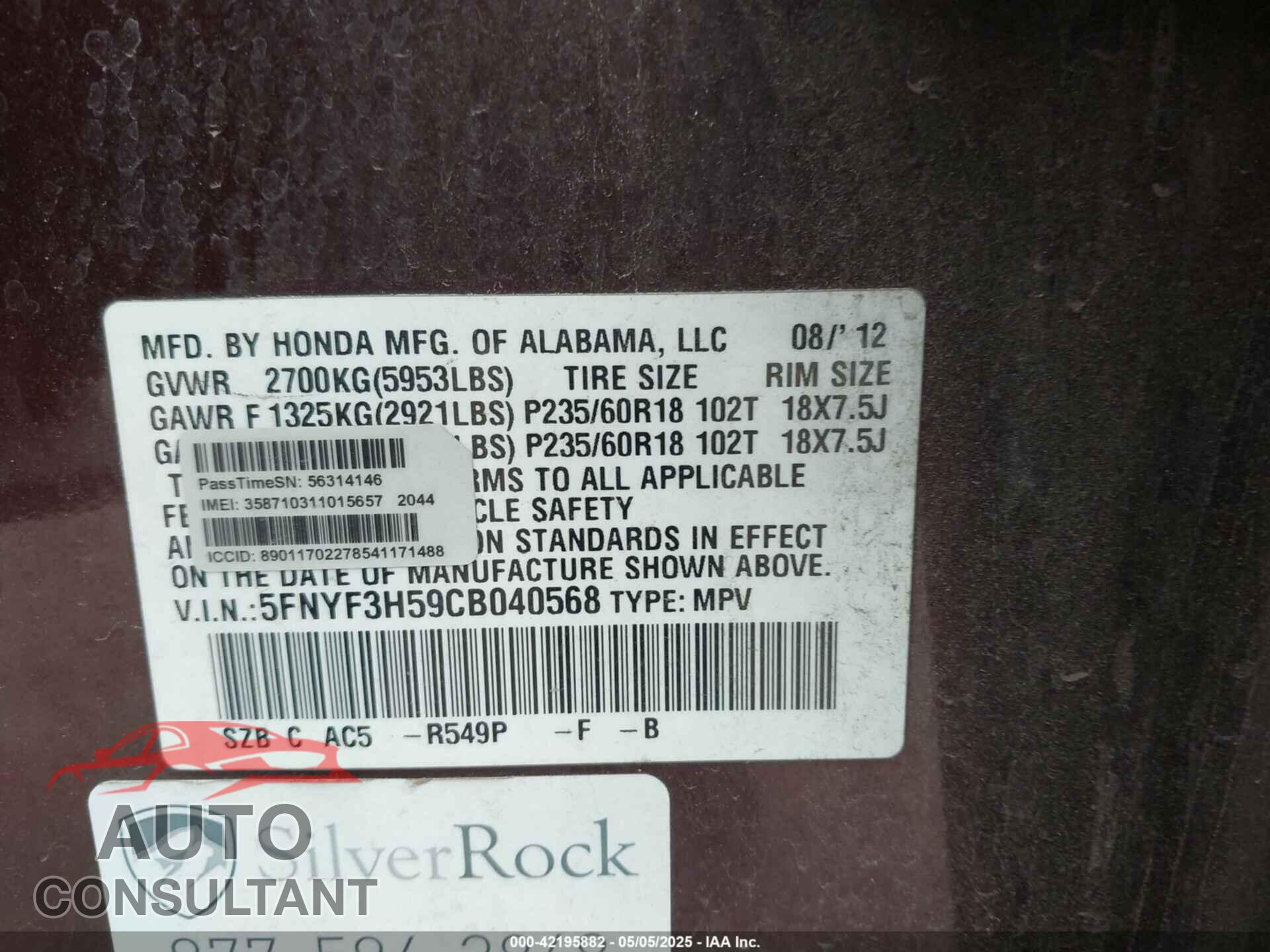 HONDA PILOT 2012 - 5FNYF3H59CB040568