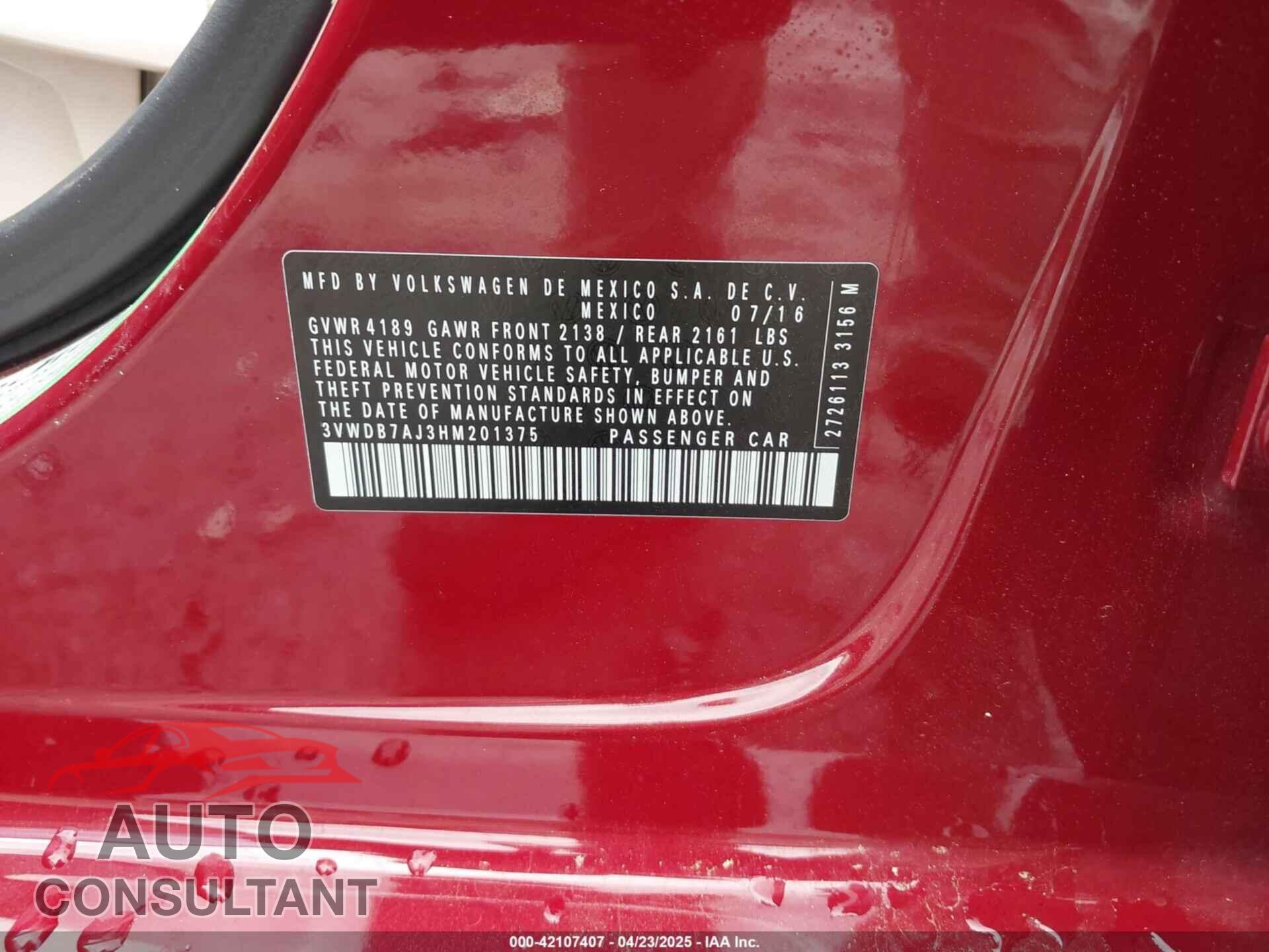 VOLKSWAGEN JETTA 2017 - 3VWDB7AJ3HM201375