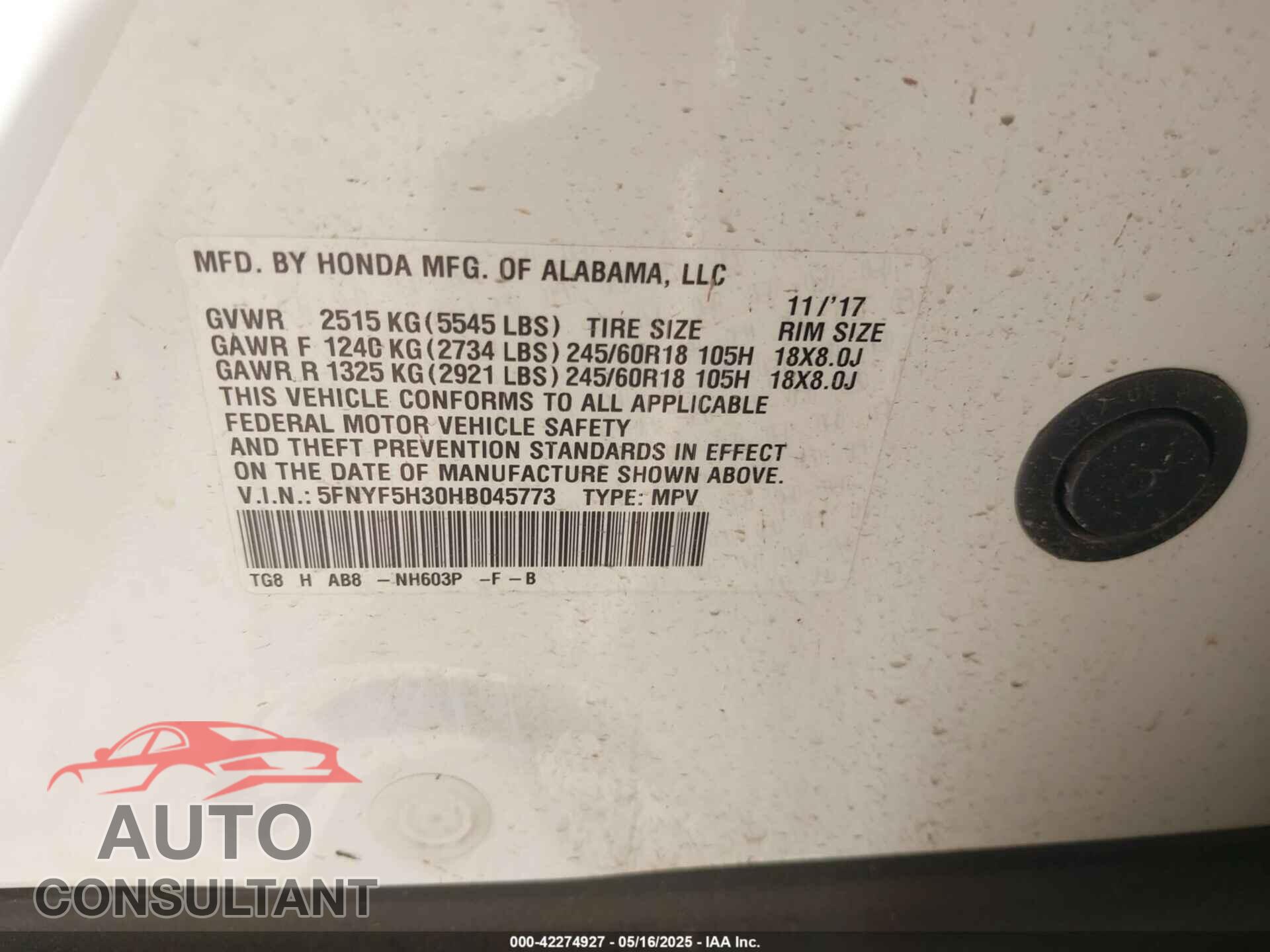 HONDA PILOT 2017 - 5FNYF5H30HB045773