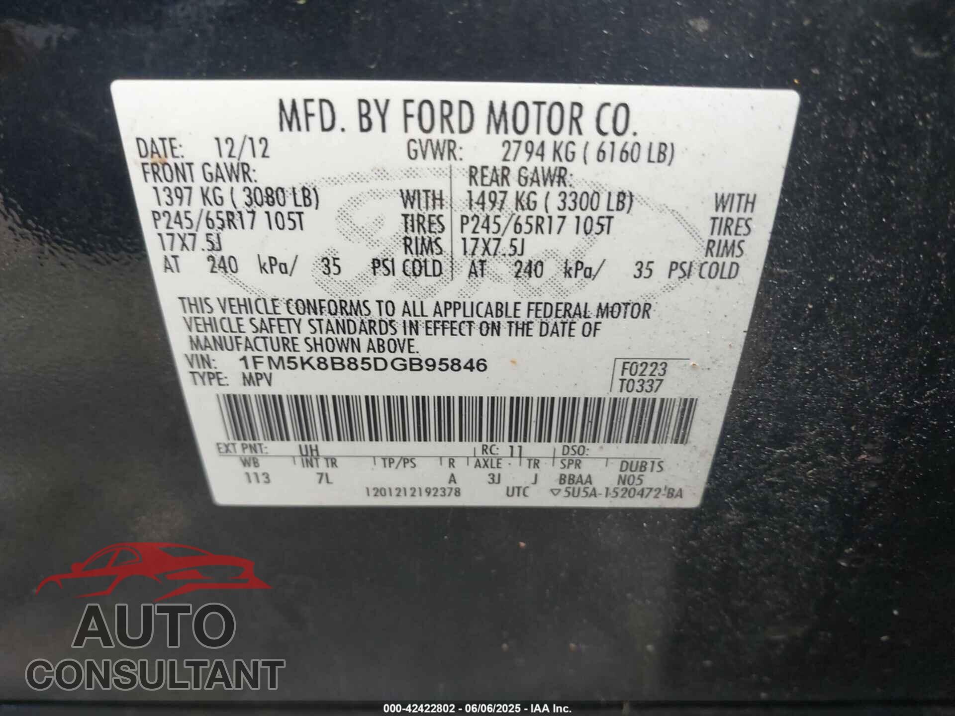 FORD EXPLORER 2013 - 1FM5K8B85DGB95846