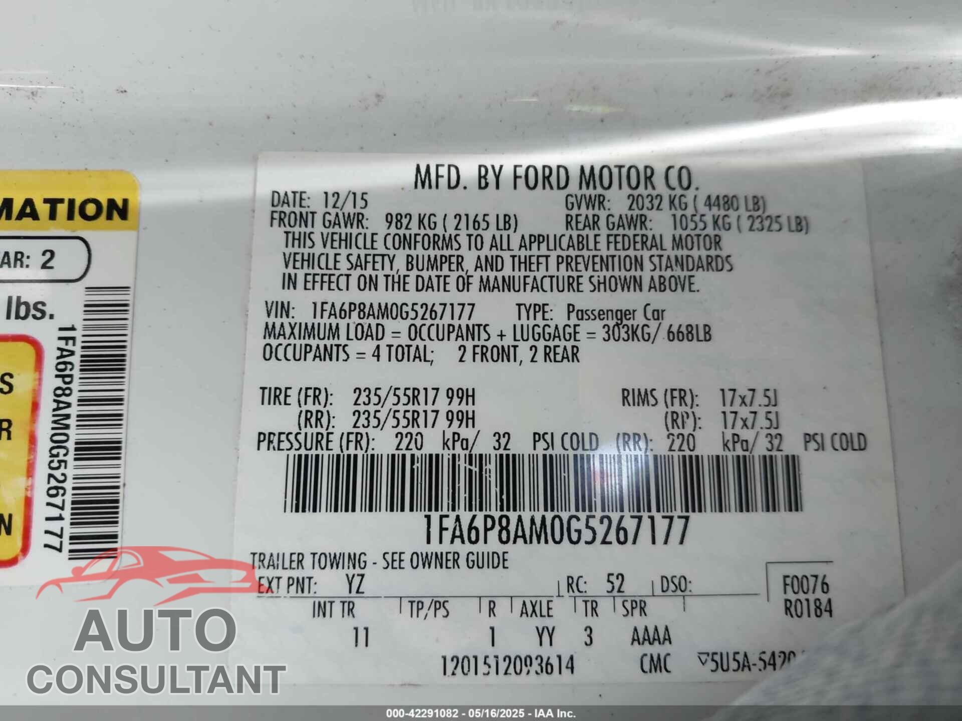 FORD MUSTANG 2016 - 1FA6P8AM0G5267177